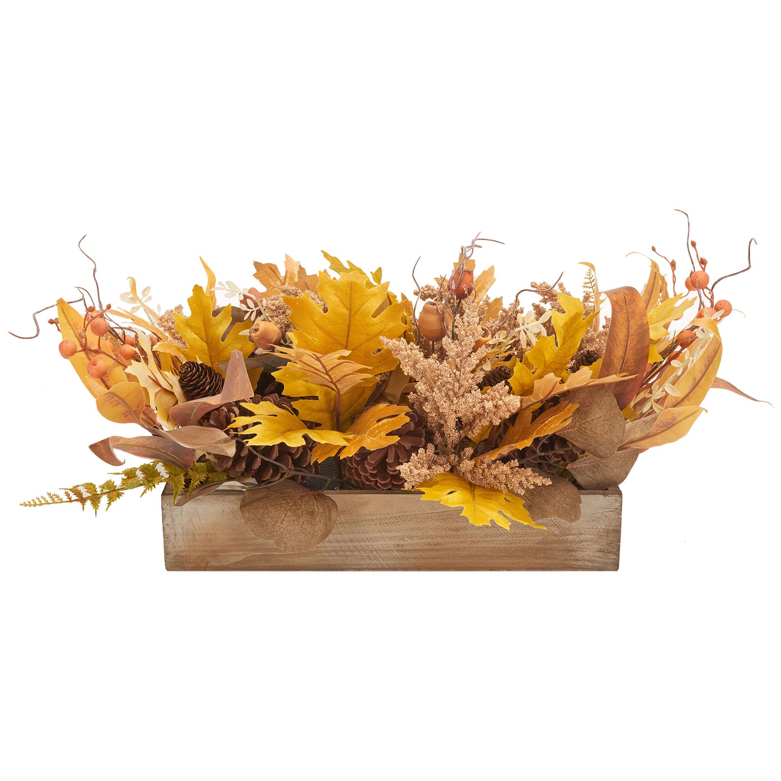 Yellow oak leaves and warm-toned foliage fill a rectangular wood planter. || FXP1063A || front_studio
