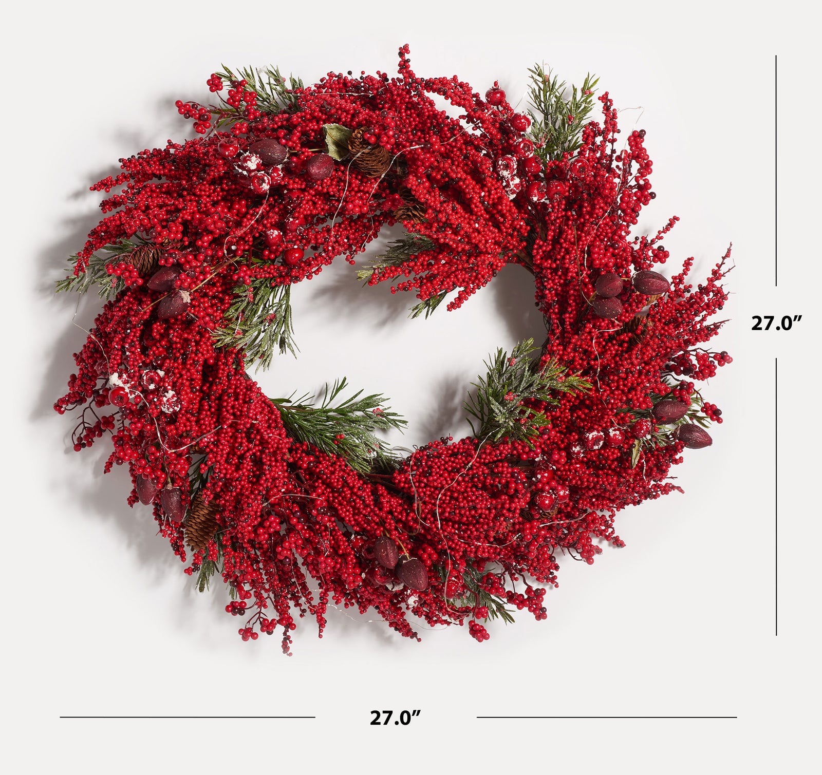 A berry-covered pine wreath measures approximately 27 inches across. || FXP1093A || dimension_studio