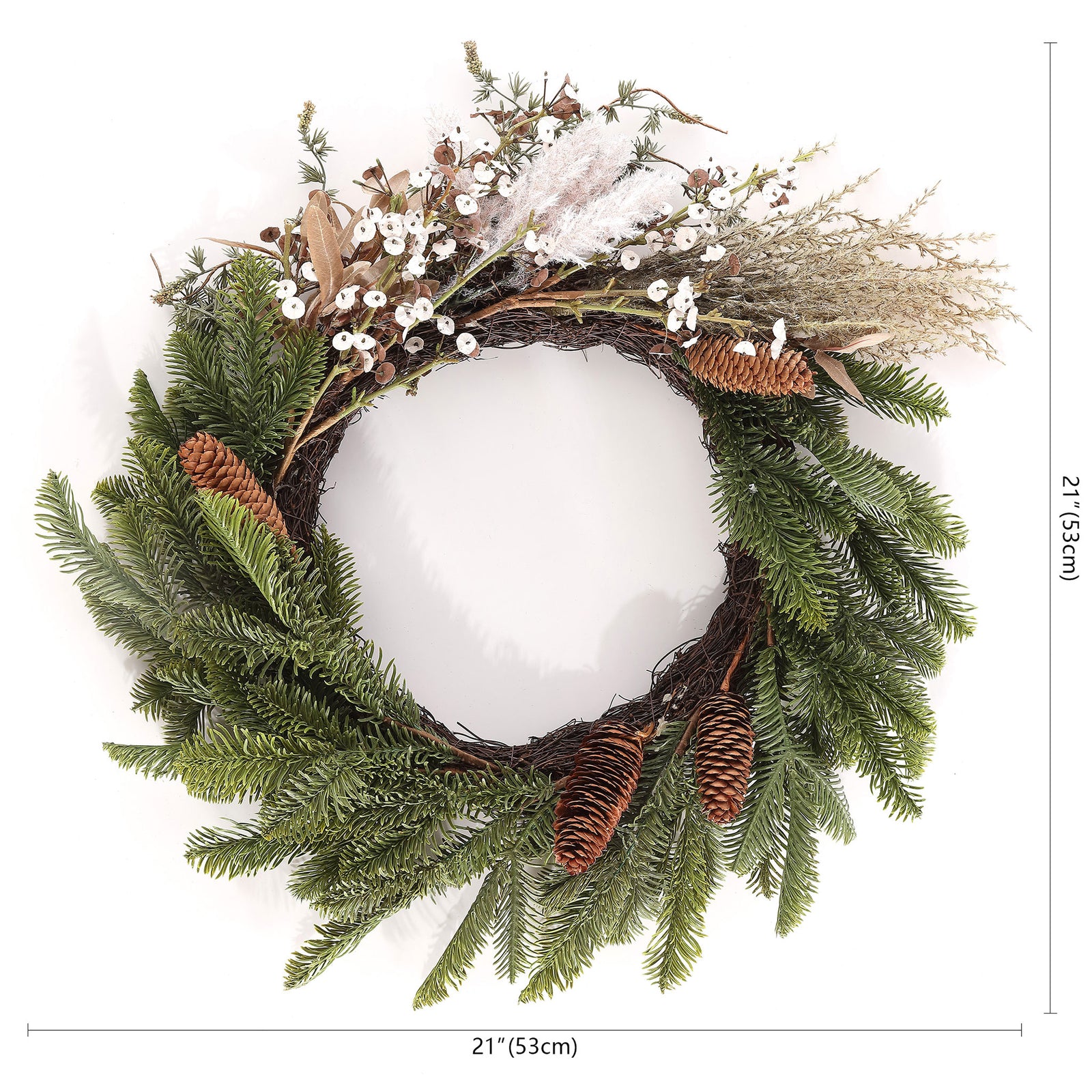A wreath of pine, pale flowers, and pine cones measures about 21 inches across. || FXP1095A || dimension_studio