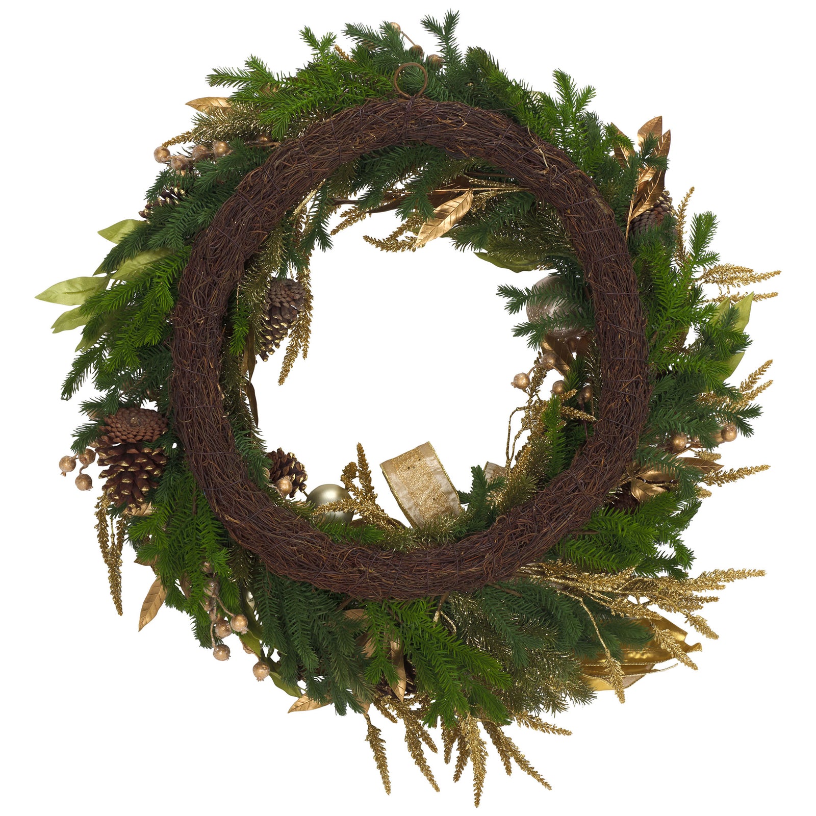A woven vine base with a hanging loop supports the layered evergreen foliage || FXP1097A || back_studio