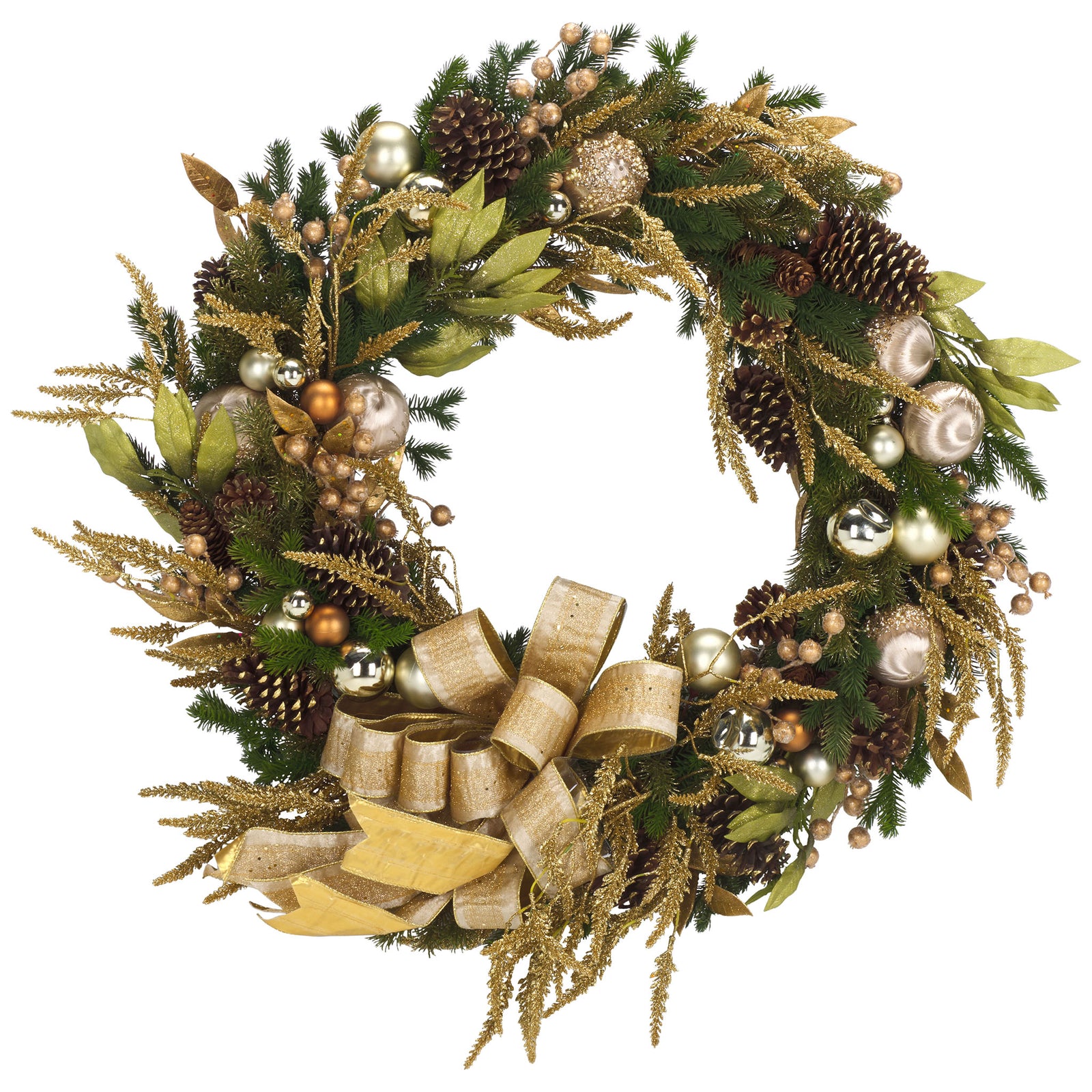 Lush greenery, golden ornaments, pinecones, and a grand bow create a festive wreath || FXP1097A || front_studio