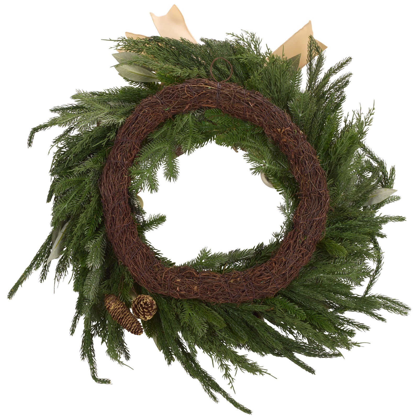 A woven vine base supports wispy evergreen sprigs and natural pine cones. || FXP1100A || back_studio