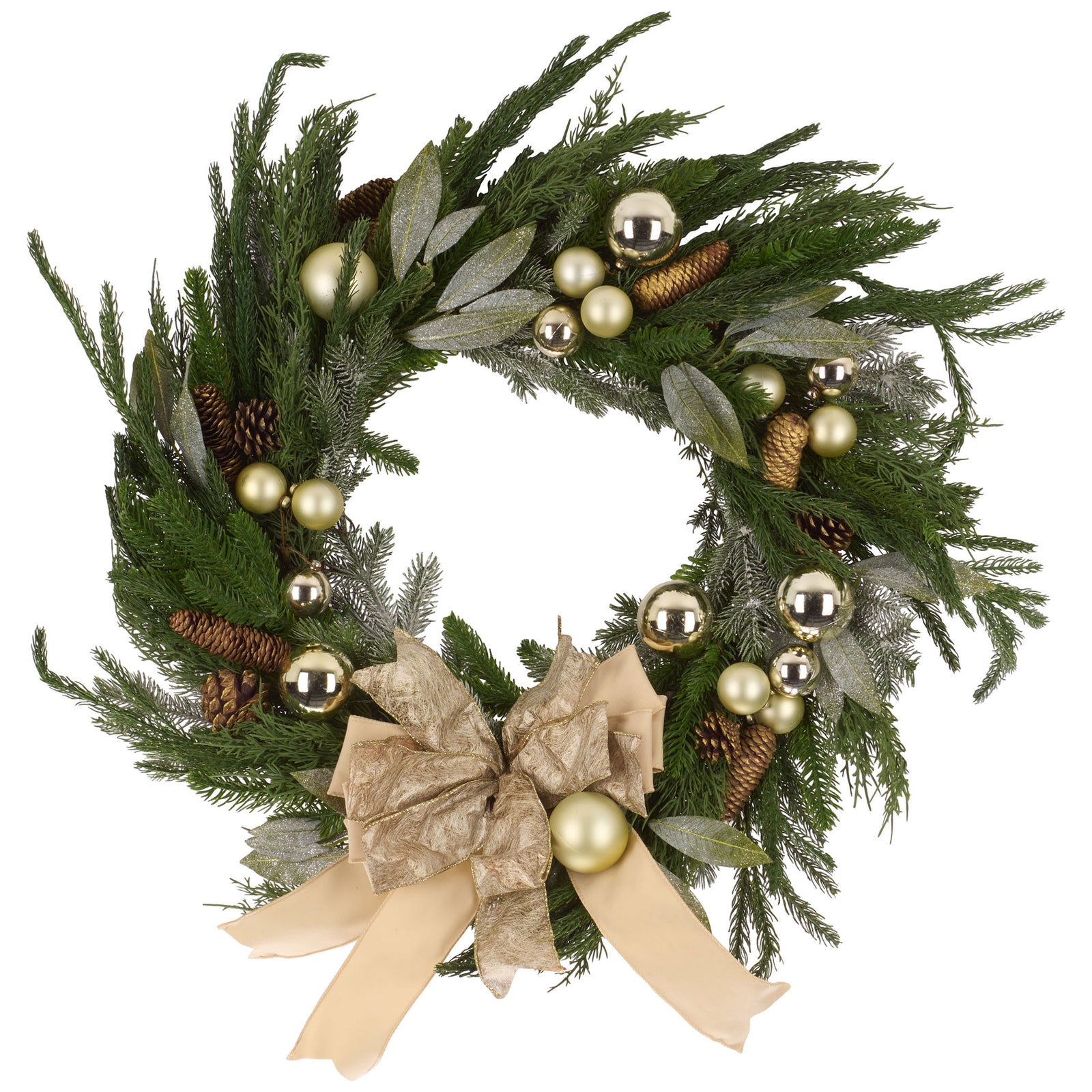A champagne bow anchors a festive ring of silvery leaves, pine cones, and gold baubles. || FXP1100A || front_studio