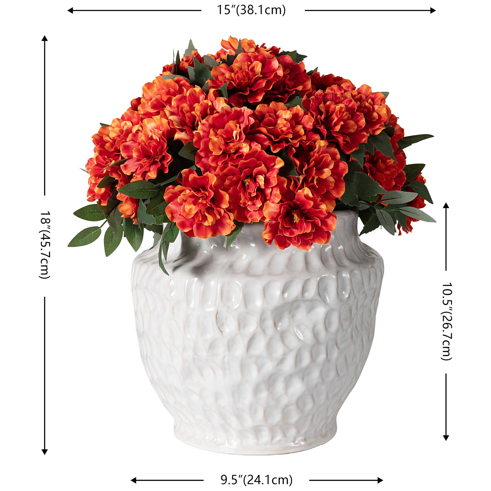 A marigold arrangement reaches about 18 inches tall in a white pot. || FXP2030A || dimension_studio