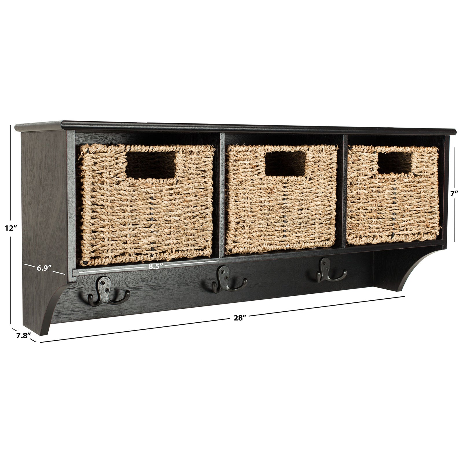 A 28-inch-wide black rack fits three woven baskets above three double hooks || HAC5700A || dimension_studio
