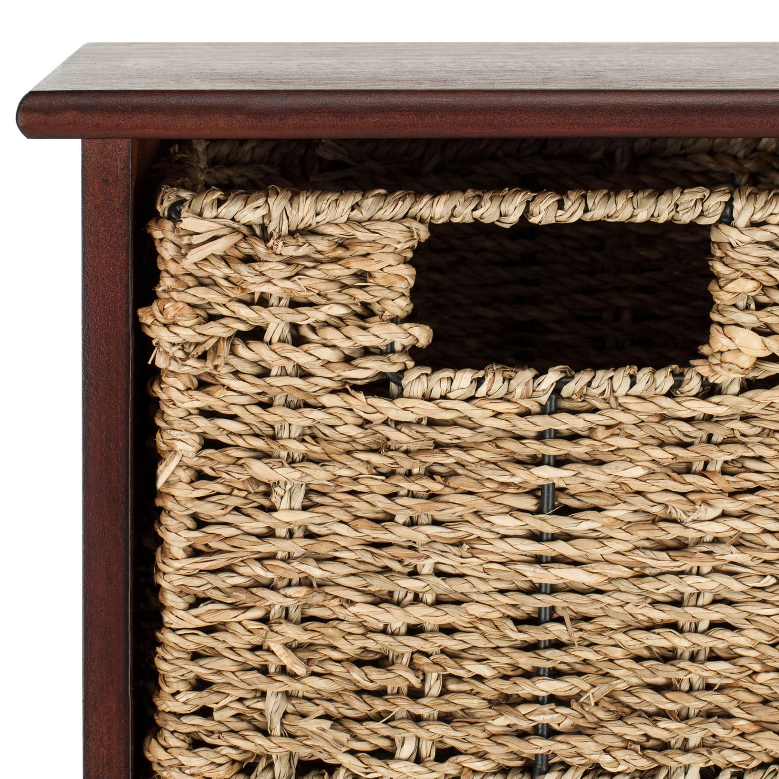 Natural woven storage adds rustic texture against the rich cherry finish and smooth top shelf || HAC5700B || storage_studio