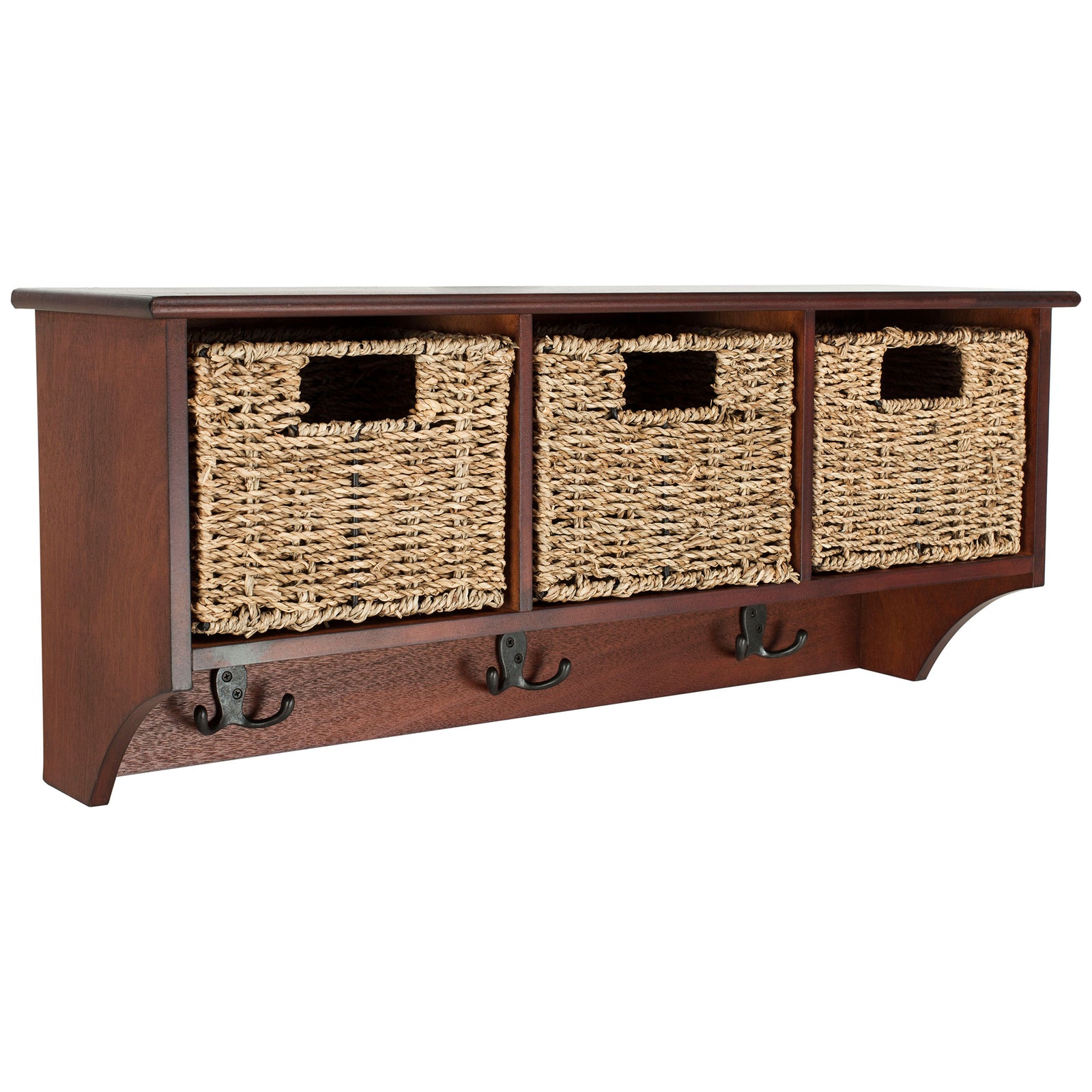 A cherry-colored shelf crowns three woven baskets, with curved end supports and hooks beneath || HAC5700B || front_angle_studio