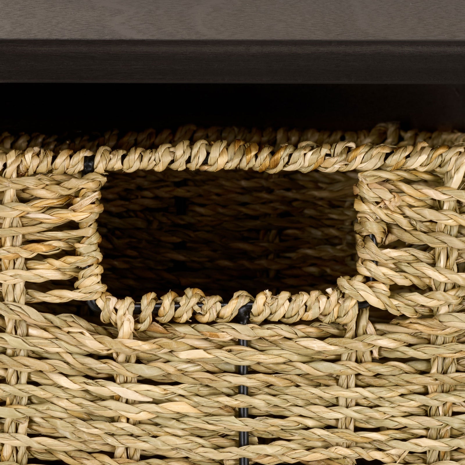 An inset handhold makes the woven storage basket simple to pull from the dark rack || HAC5700D || handle_studio
