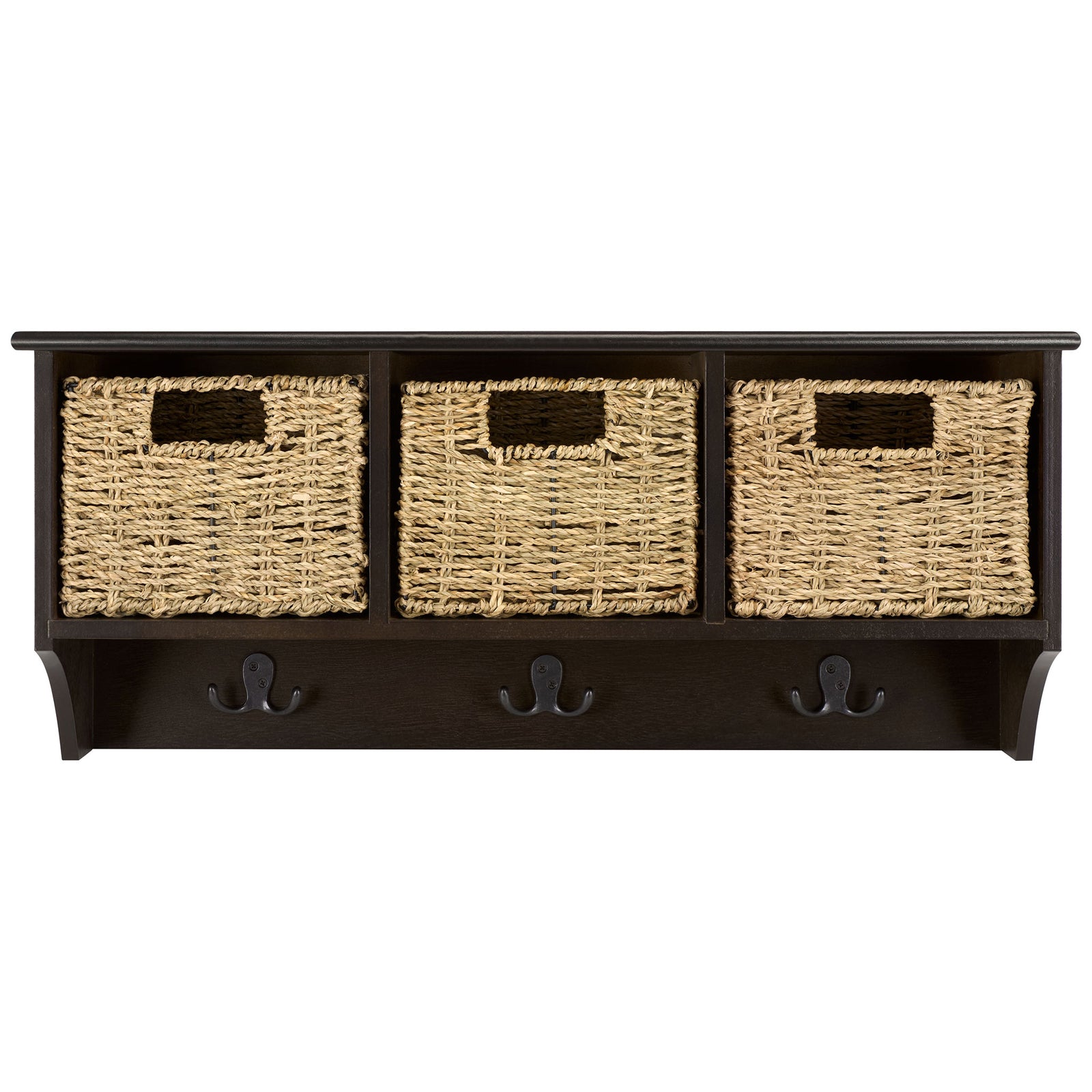 Three woven storage baskets pop against the dark chocolate frame above three double hooks || HAC5700D || front_studio