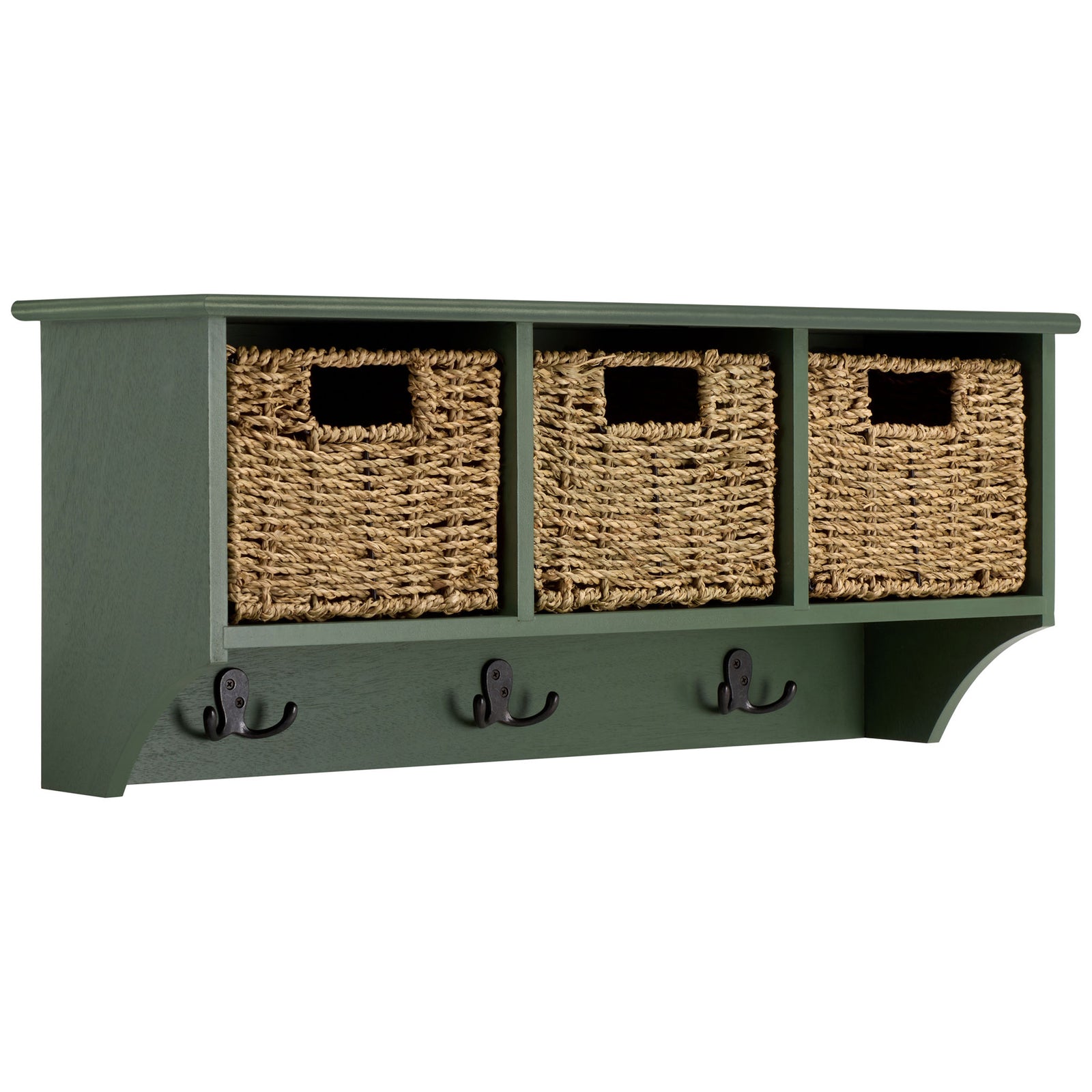 The dusty green top shelf extends over three woven basket cubbies and curved end supports || HAC5700G || front_angle_studio