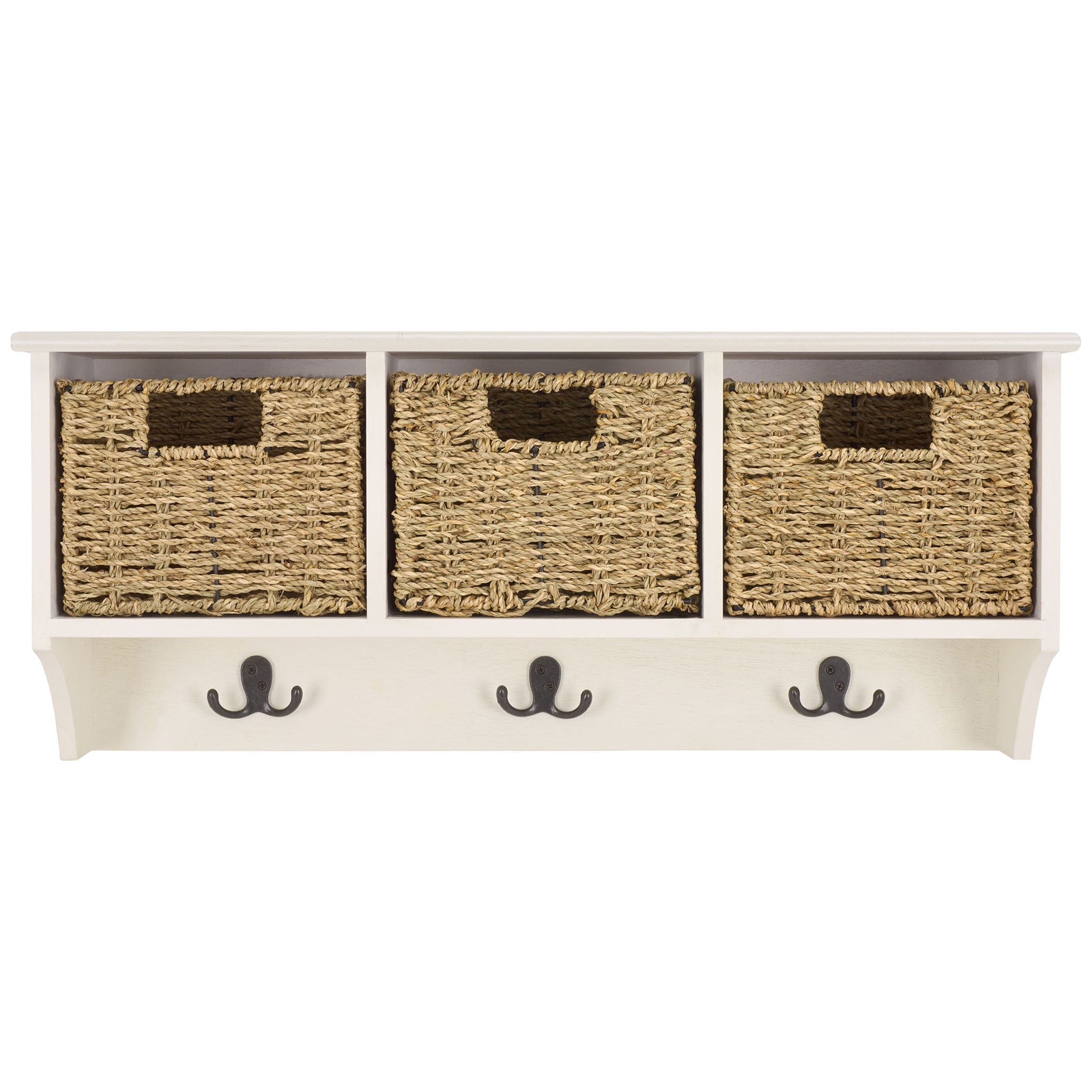 An ivory wall rack displays three woven baskets above a row of dark double hooks || HAC5700H || front_studio