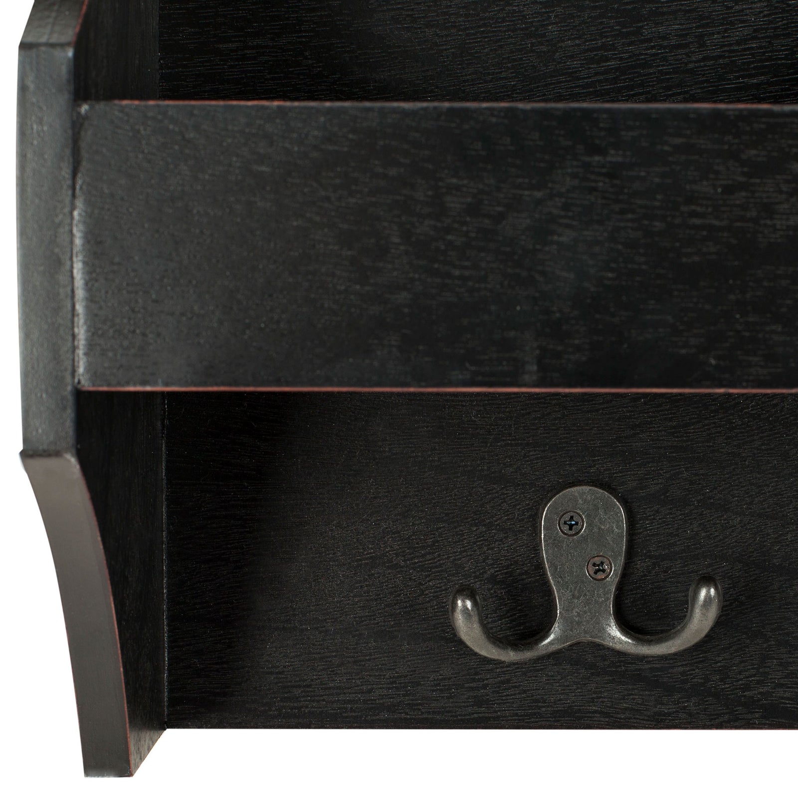 A curved metal double hook beneath the shelf keeps accessories within easy reach. || HAC5702A || detail_studio