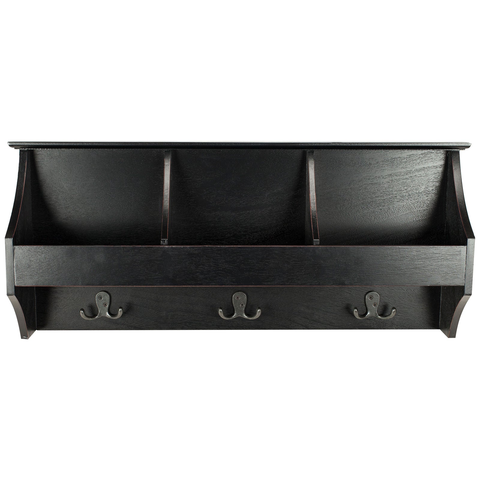 Three open cubbies and three double hooks make this black wood wall rack a versatile entryway organizer. || HAC5702A || front_studio