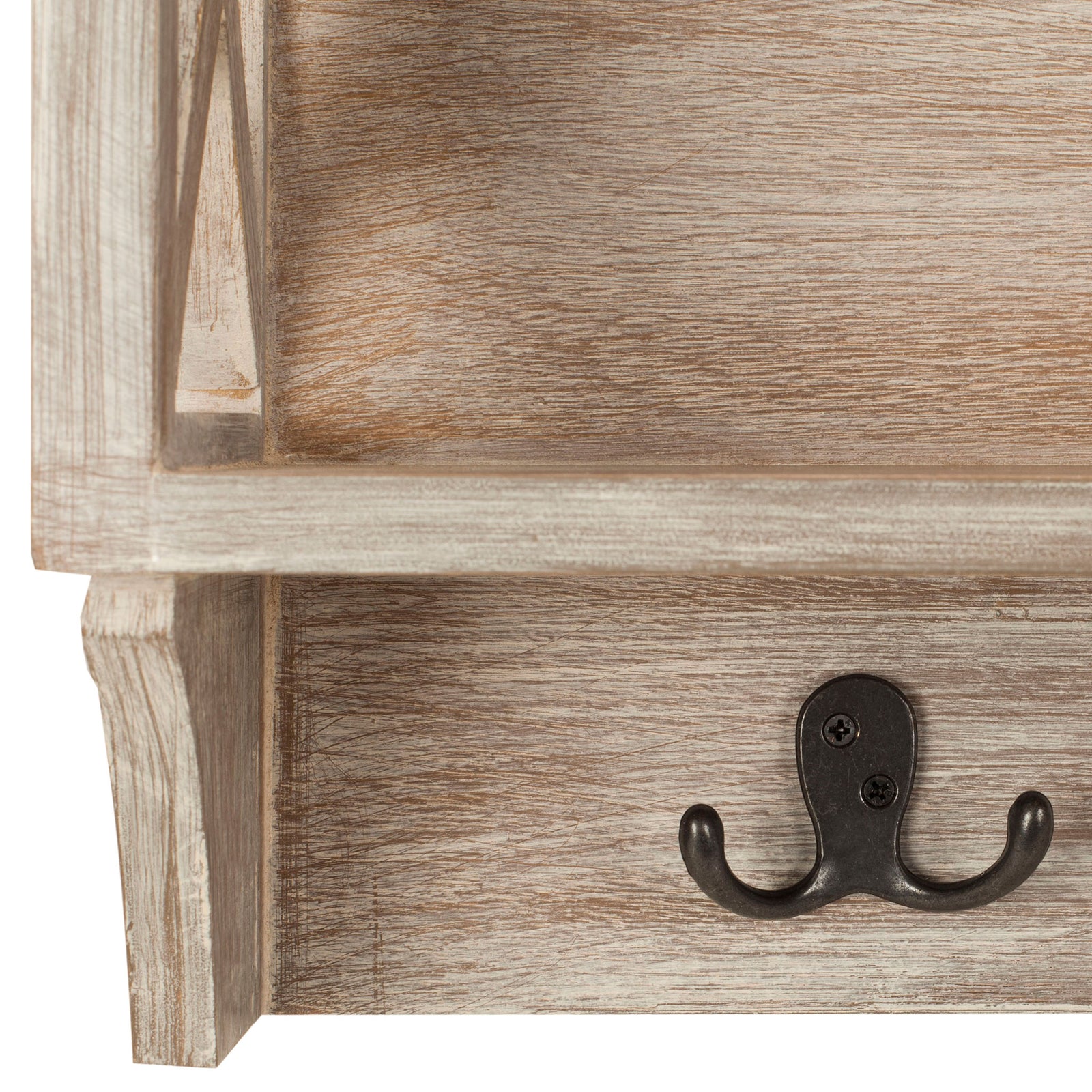 A dark metal double hook contrasts with distressed vintage white wood beneath an open cubby. || HAC5703B || detail_studio