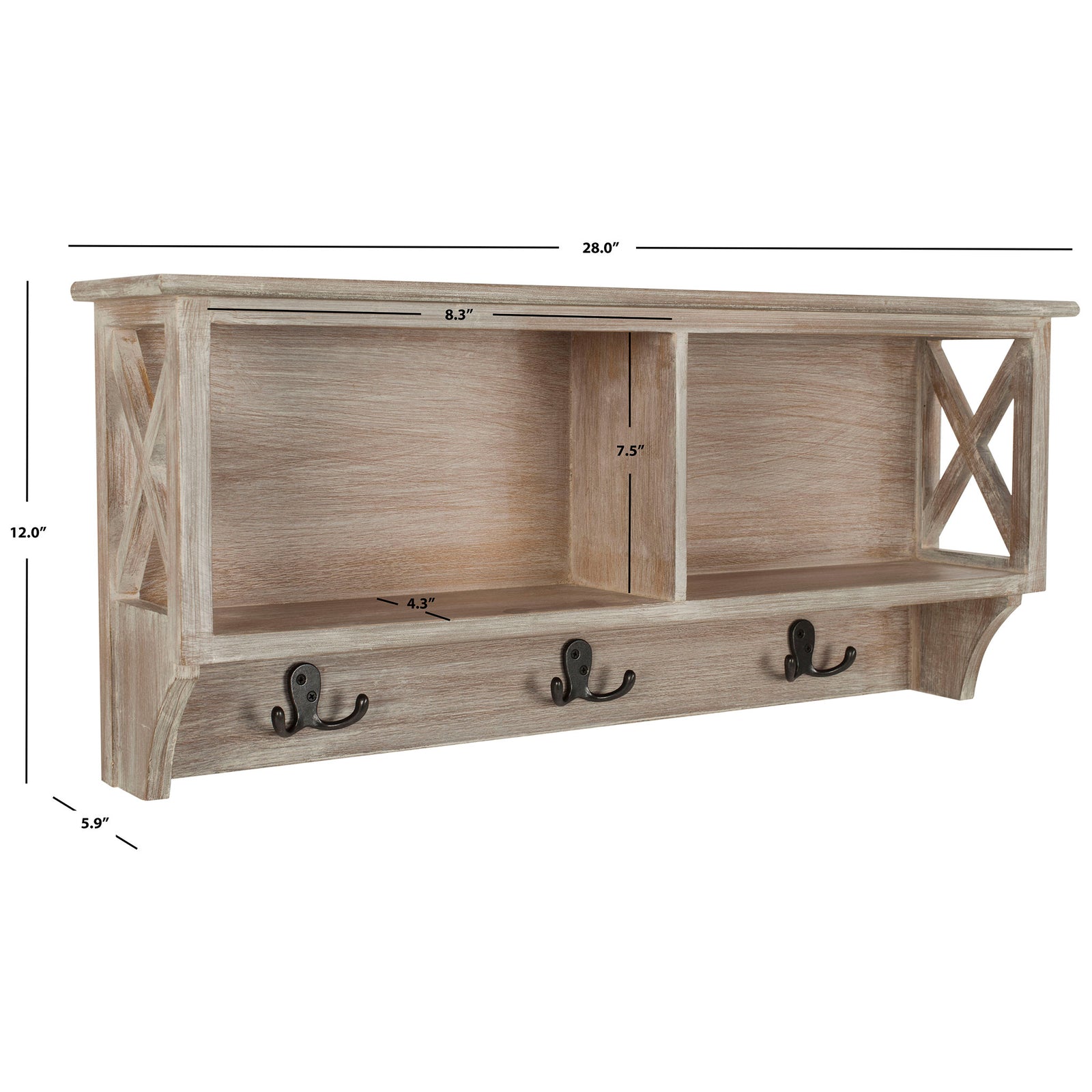 Vintage white wall rack measures 28 inches wide and 5.9 inches deep, with three double hooks. || HAC5703B || dimension_studio