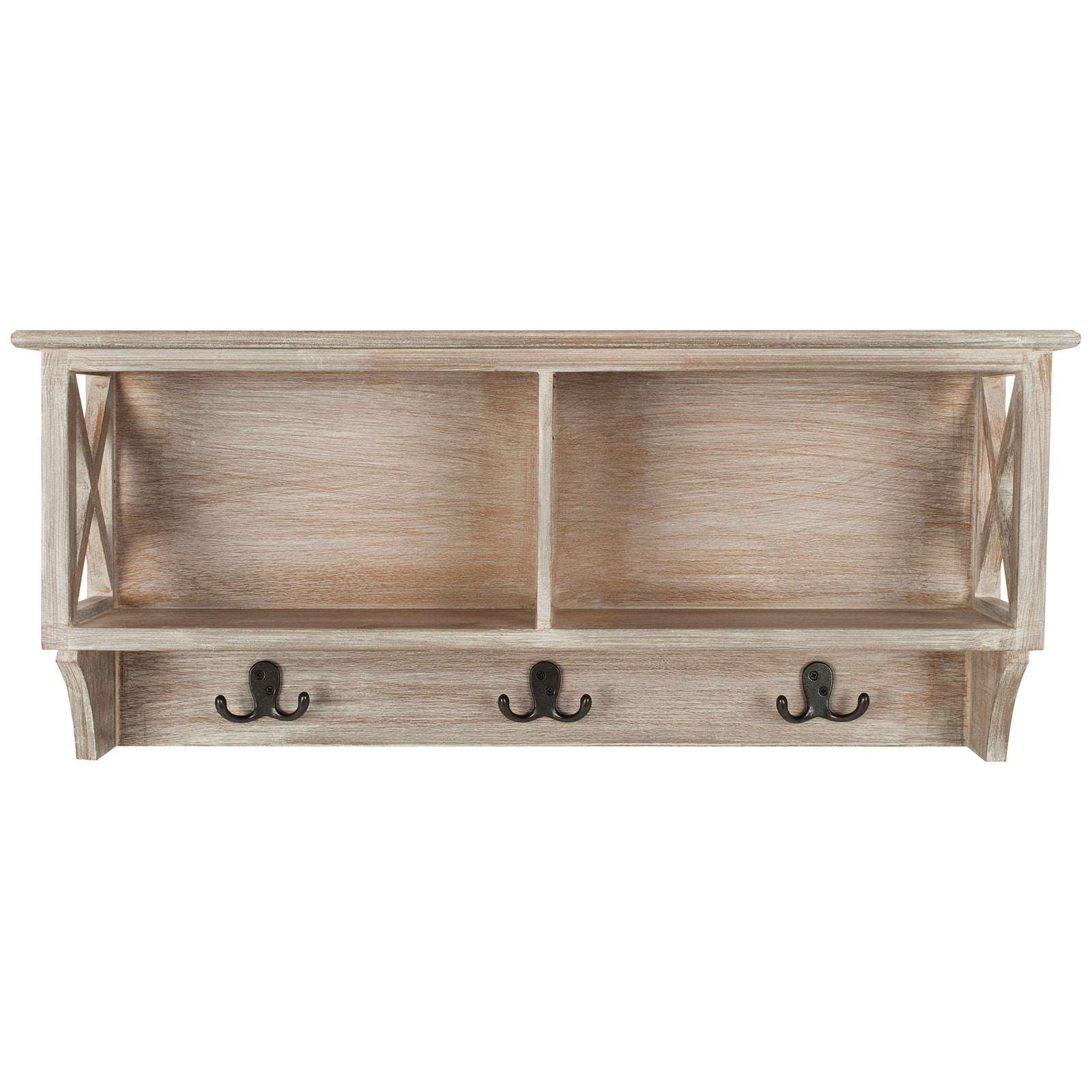 Vintage white wall rack pairs two open cubbies with three dark metal double hooks. || HAC5703B || front_studio