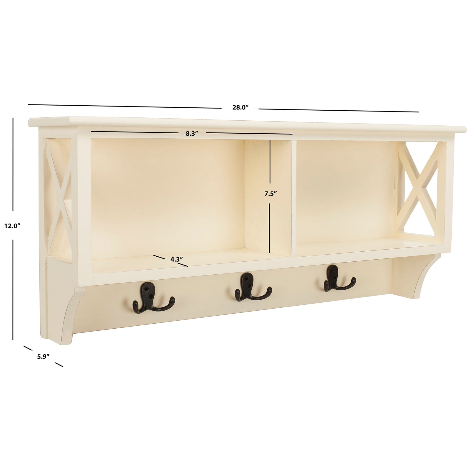 White wall rack spans 28 inches and stands 12 inches high, with three double hooks. || HAC5703C || dimension_studio