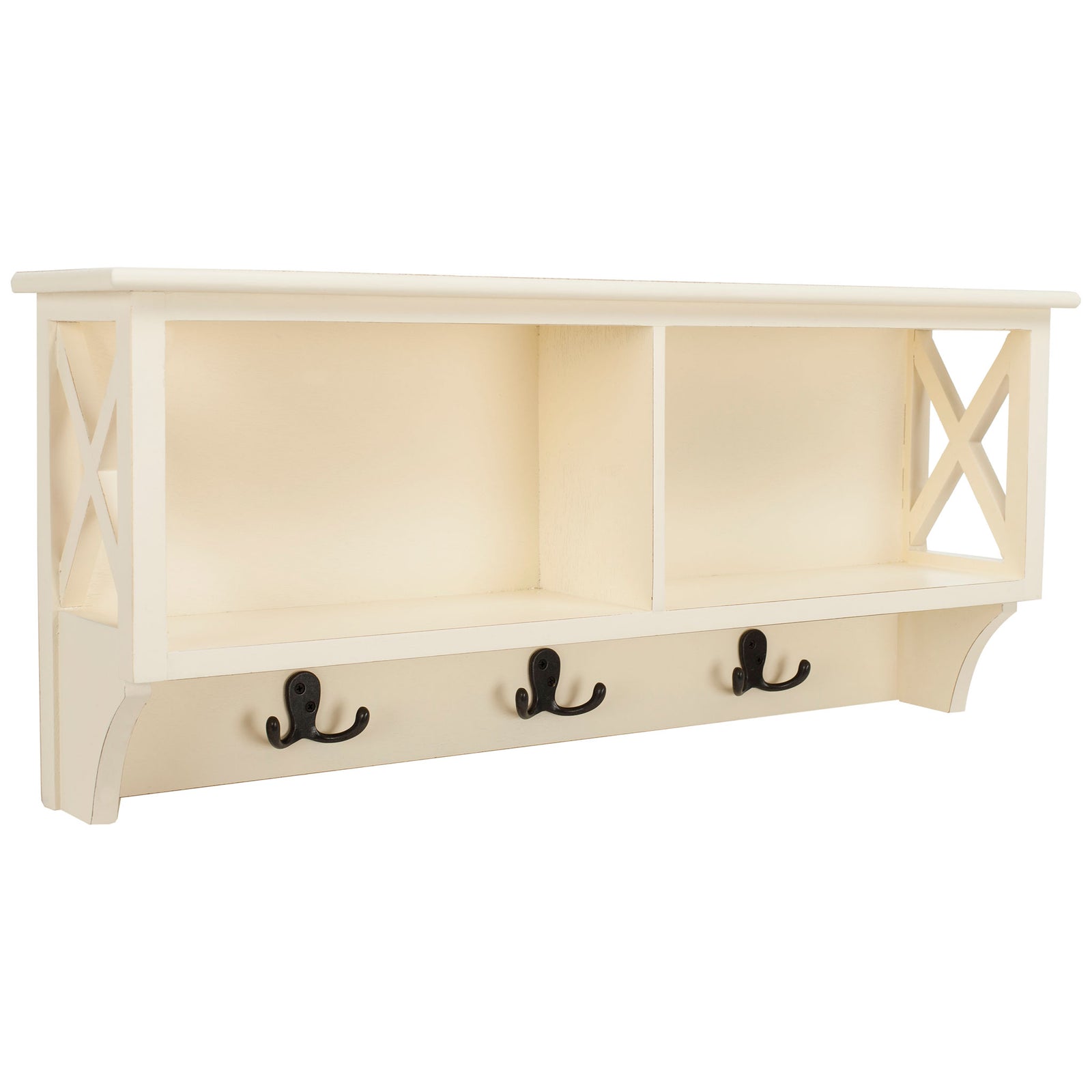 Fresh white finish complements X-braced sides, open cubbies, and three dark hanging hooks. || HAC5703C || front_angle_studio