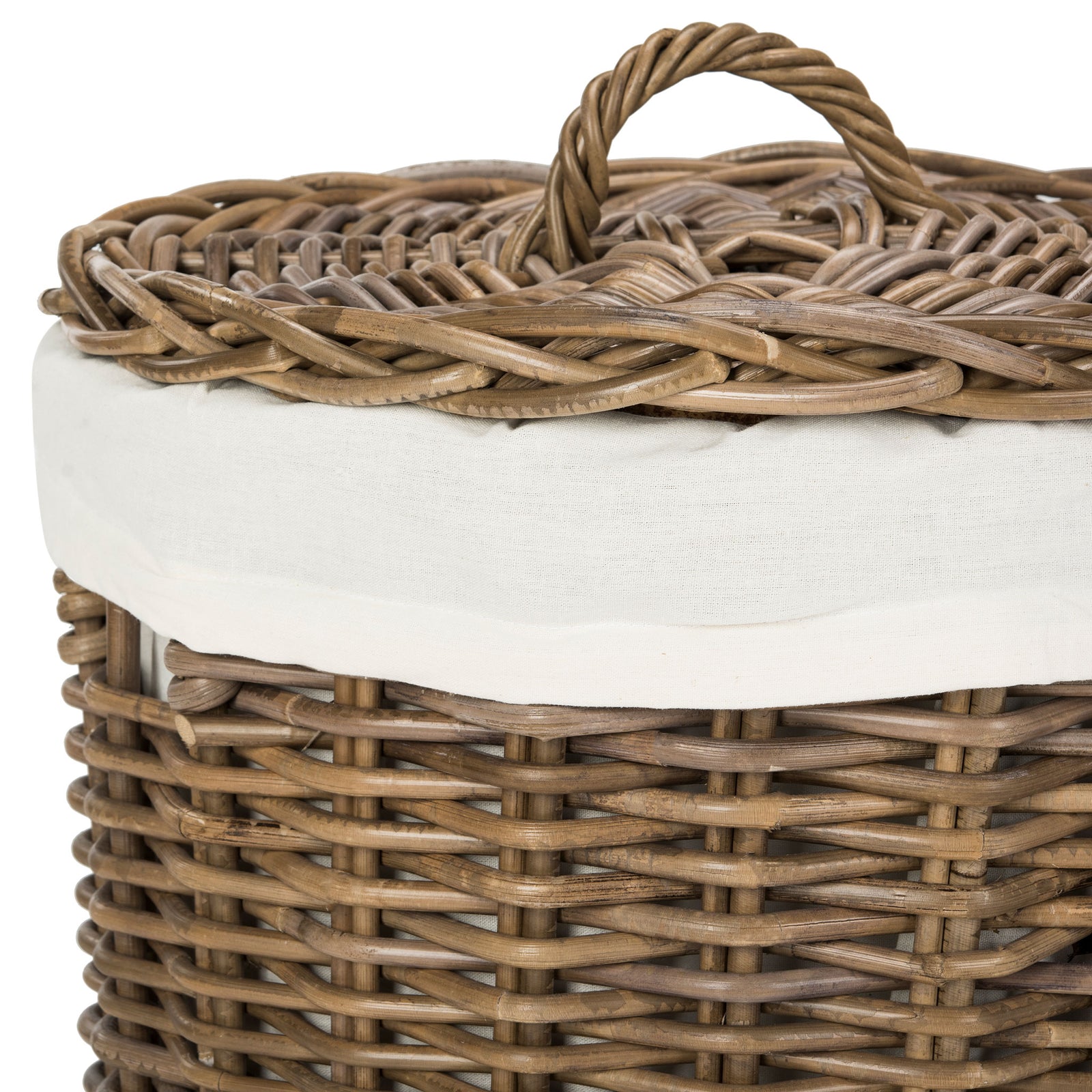 Tightly woven rattan meets a soft white cotton liner beneath a looped lid handle. || HAC6001A || detail_studio