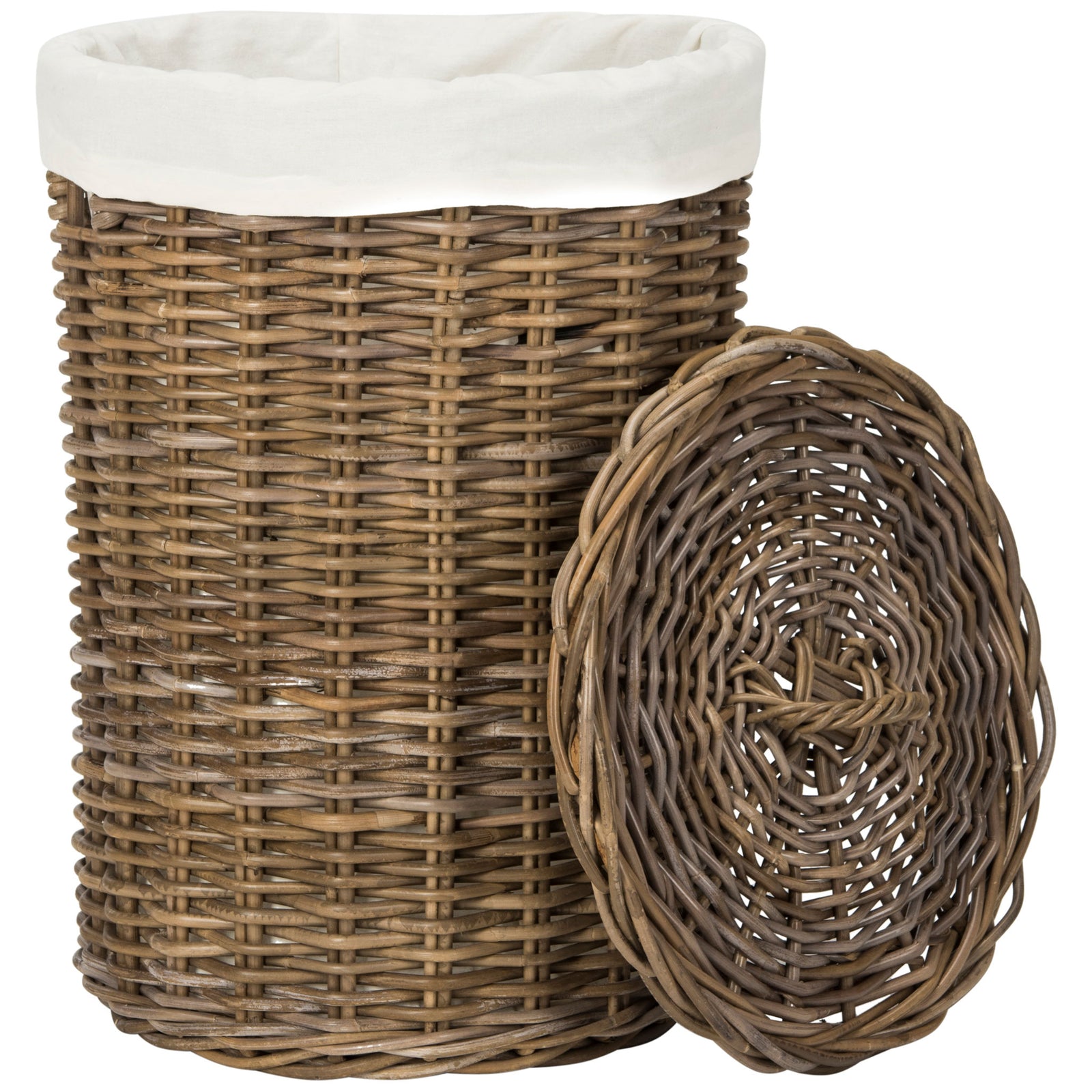 A tall rattan laundry hamper pairs a white cotton liner with a removable woven lid. || HAC6001A || front_partial_open_studio