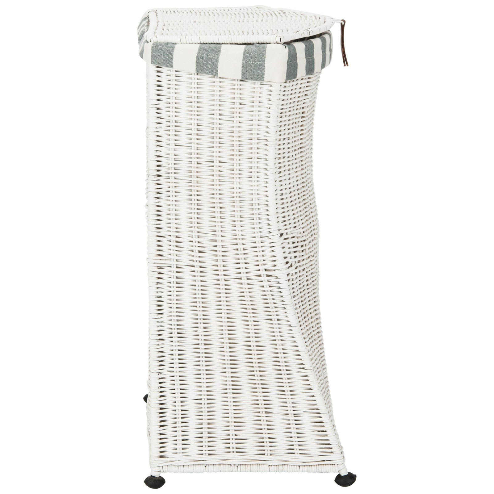Tall white woven basket has a slim profile, striped upper rim, woven lid, and small black feet. || HAC6002A || side_studio