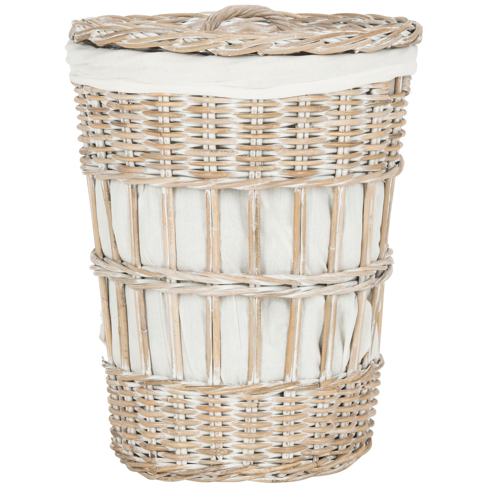 Whitewashed kubu rattan hamper pairs a textured woven lid with a soft white liner. || HAC6500A || front_studio