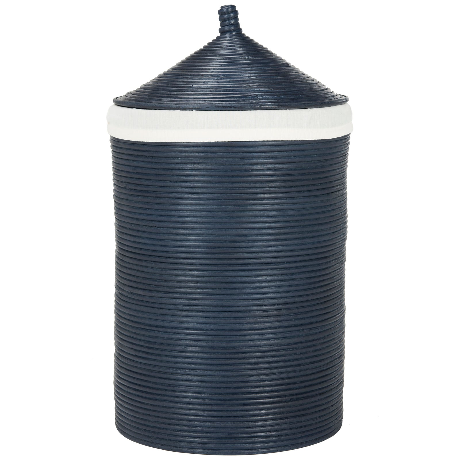 Deep navy rattan weave and white fabric trim encircle a tall hamper with a pointed lid || HAC6501B || back_studio