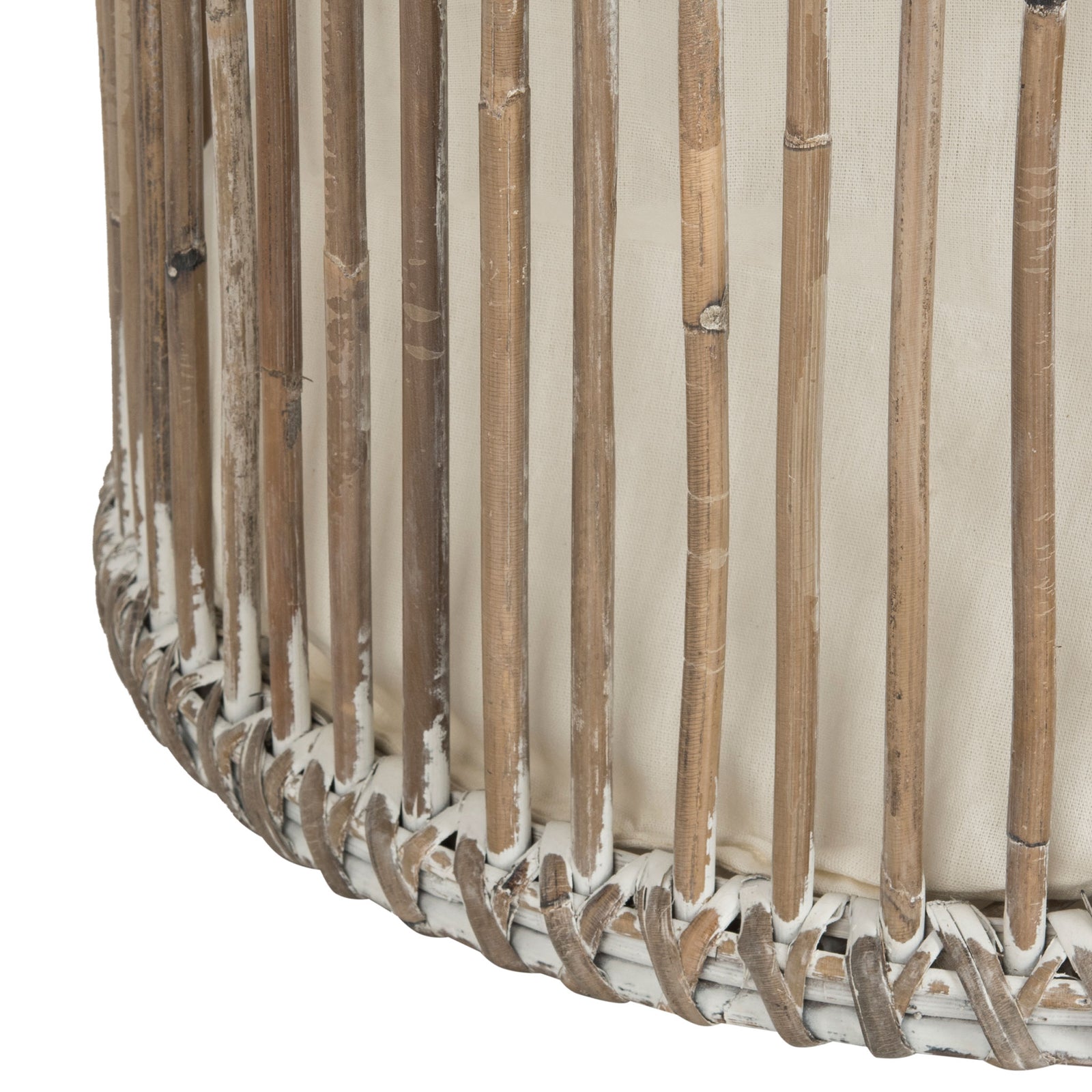Whitewashed rattan reeds and wrapped weaving add rustic texture to the hamper base || HAC6502A || leg_studio