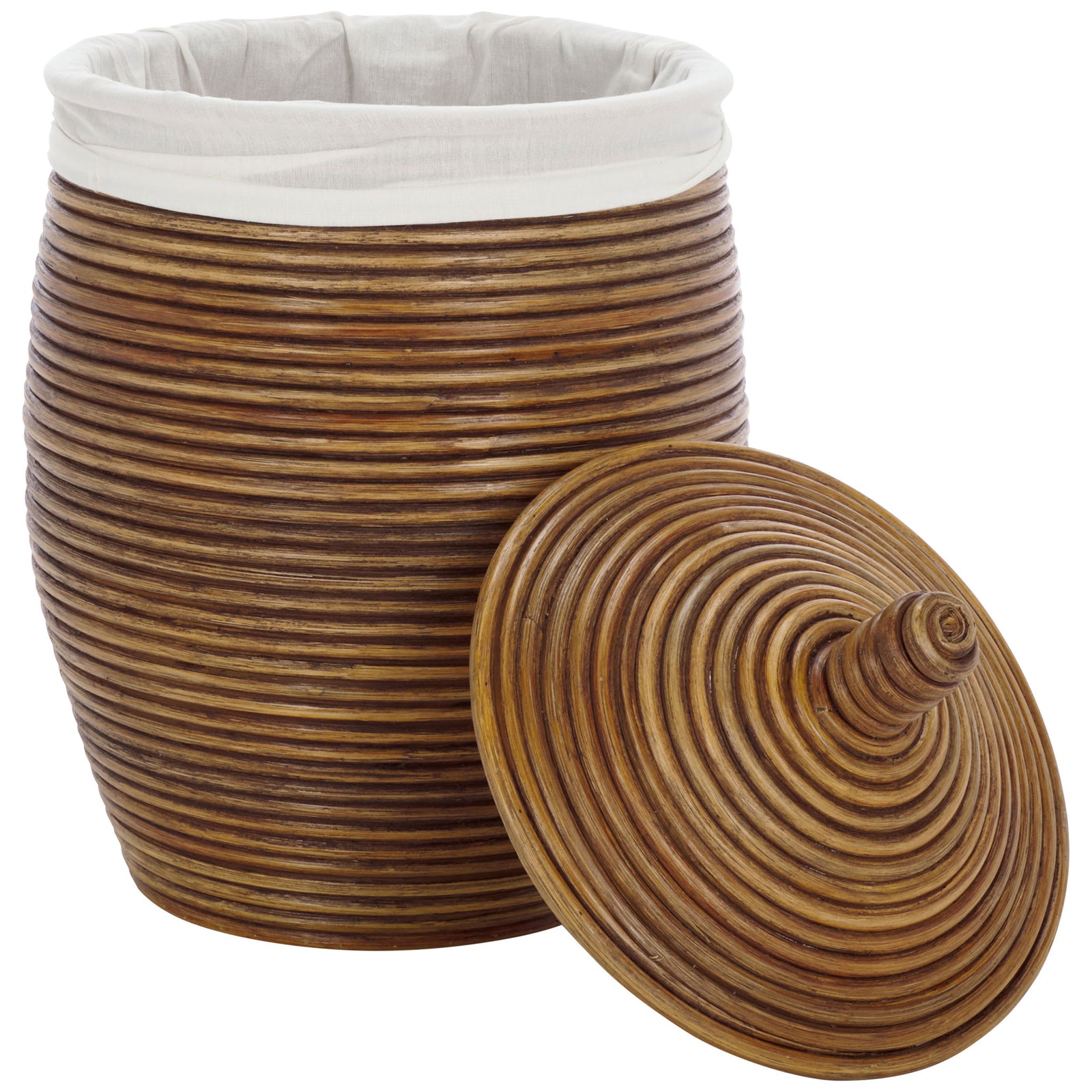 The removable coiled lid leans against a rattan basket with a soft white fabric liner || HAC6503A || side_open_studio