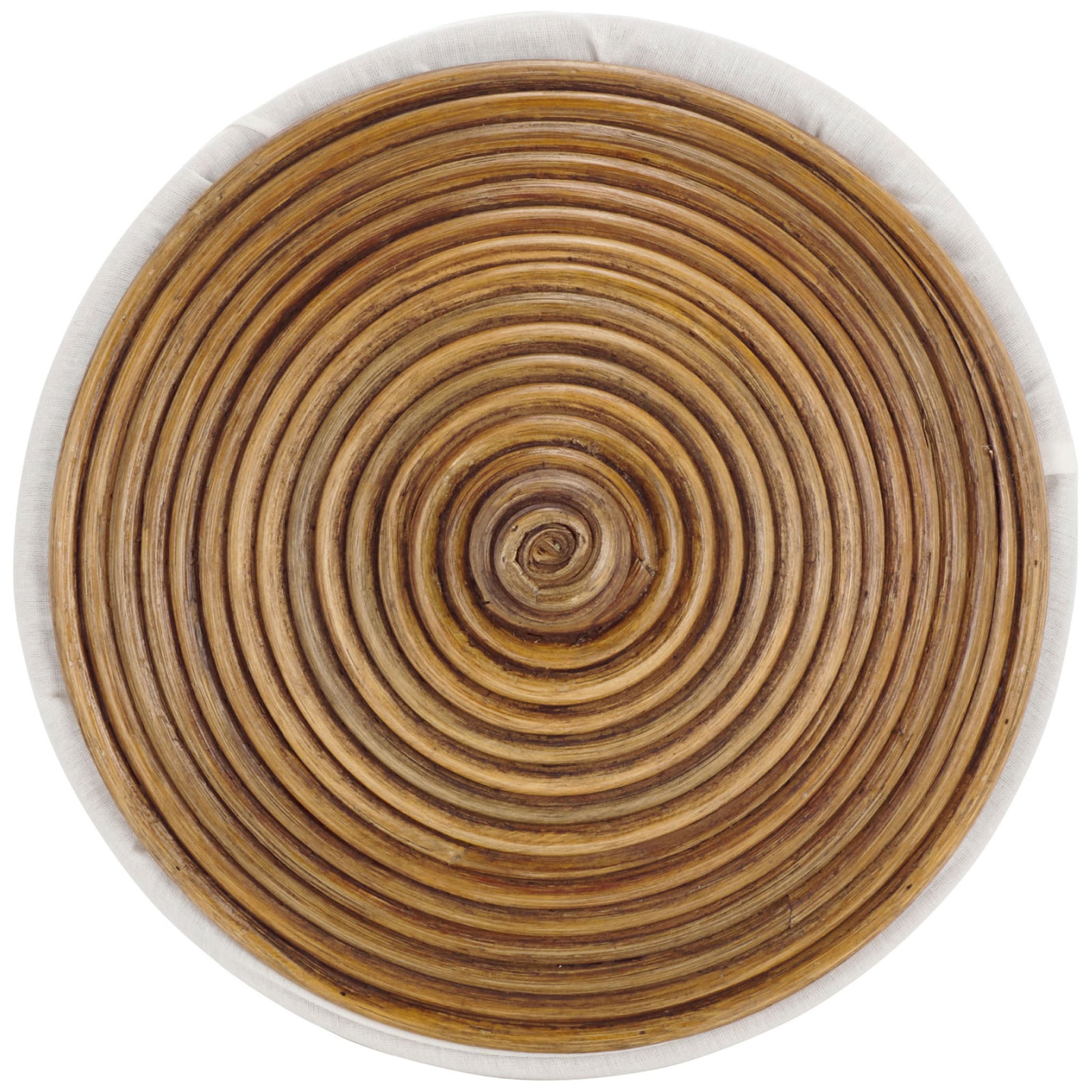 Concentric honey-brown rattan coils meet a white fabric rim around the basket's lid || HAC6503A || top_studio