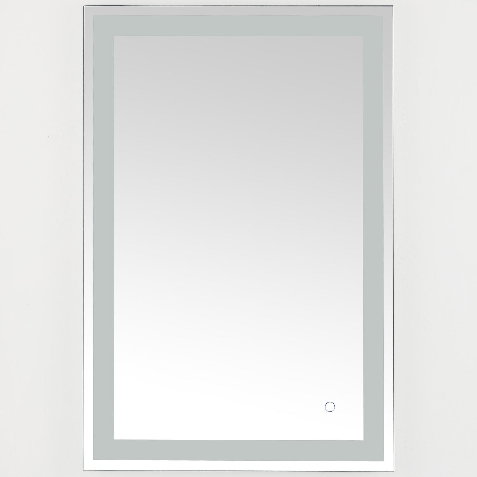 A sleek rectangular mirror pairs a narrow silver edge with a frosted LED border and touch control || LMR1000A || front_studio
