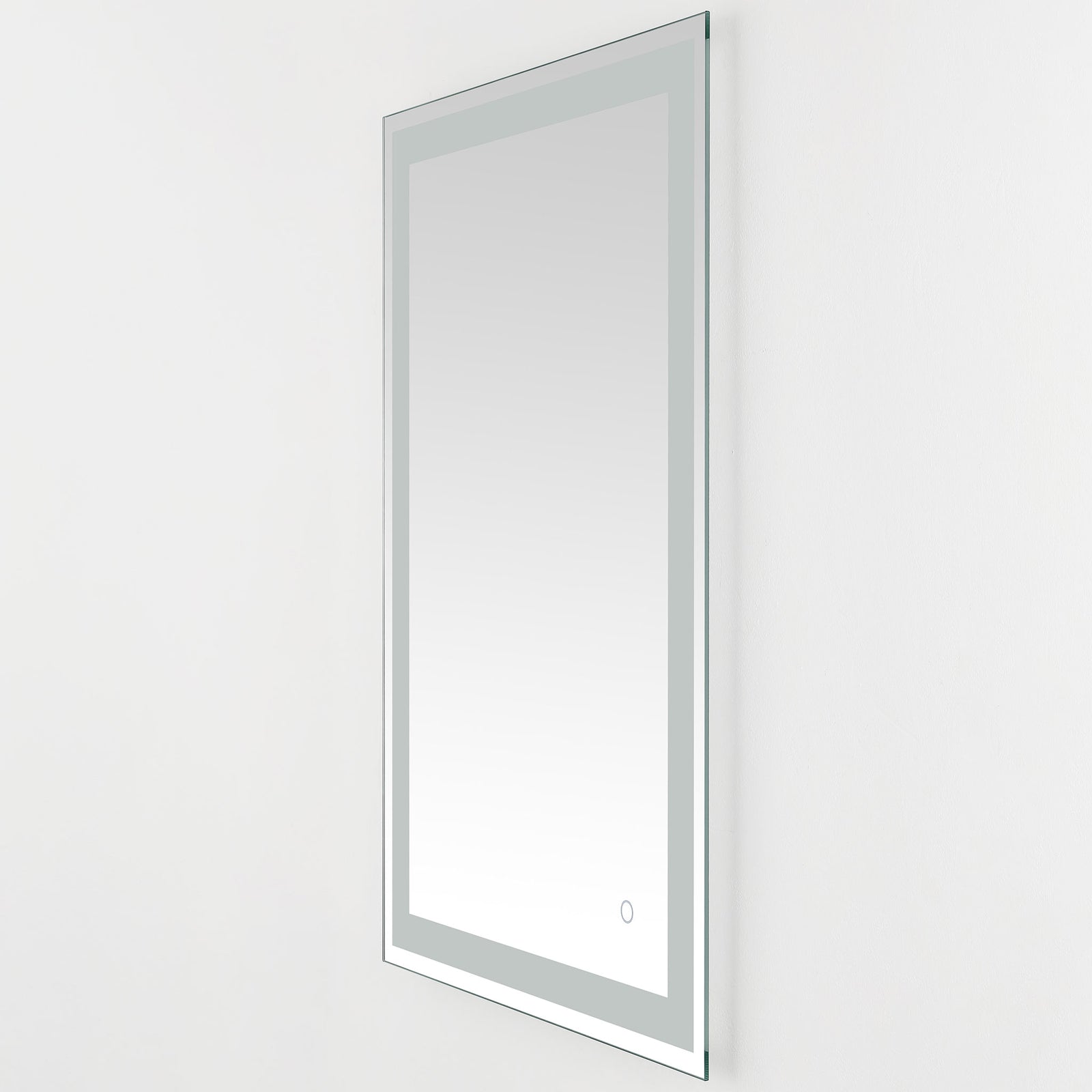A tall mirror combines a thin aluminum profile, frosted lighting trim, and discreet touch control || LMR1000A || front_angle_studio