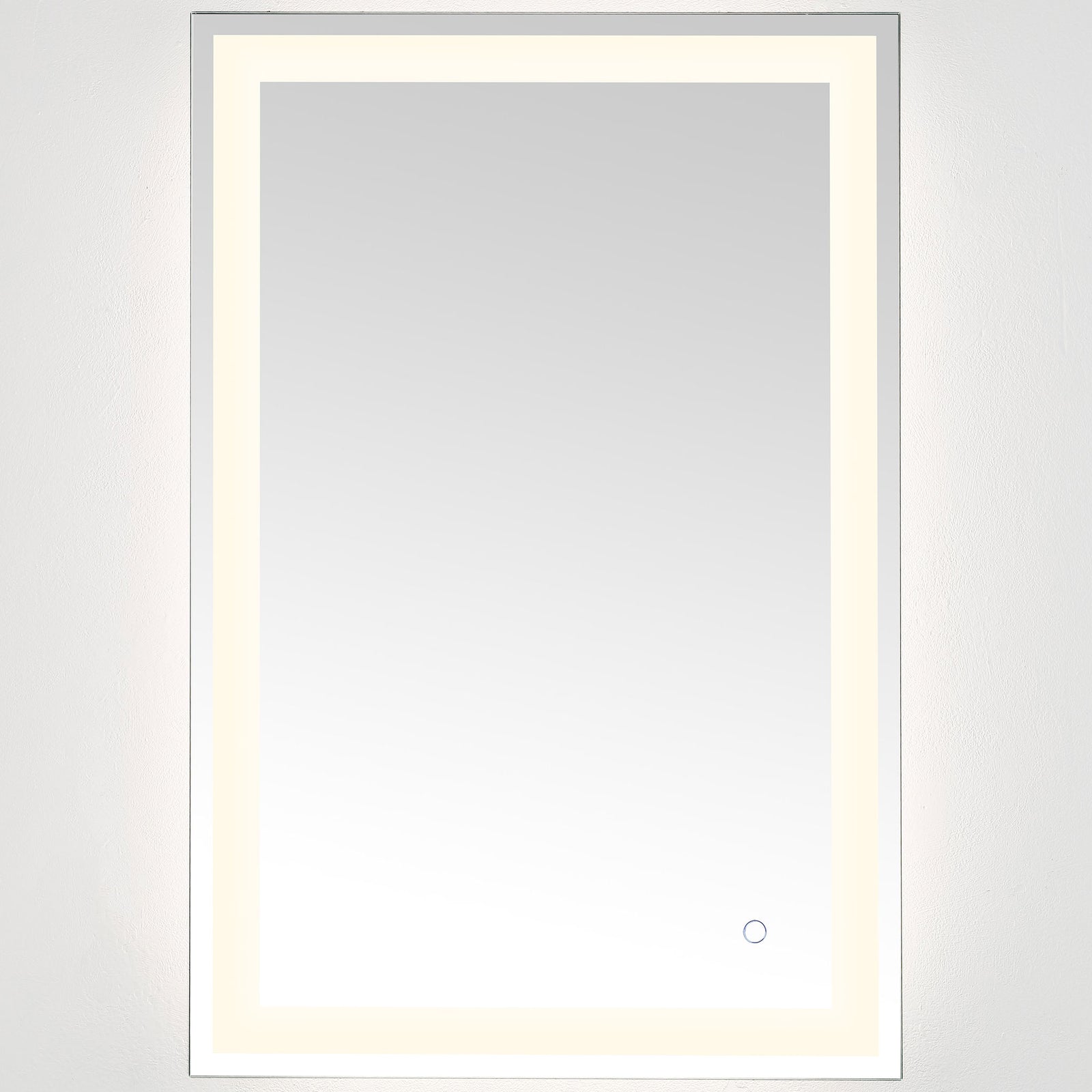 Soft white lighting frames the mirror while its slim silver edge keeps the look clean || LMR1000A || front_on_studio