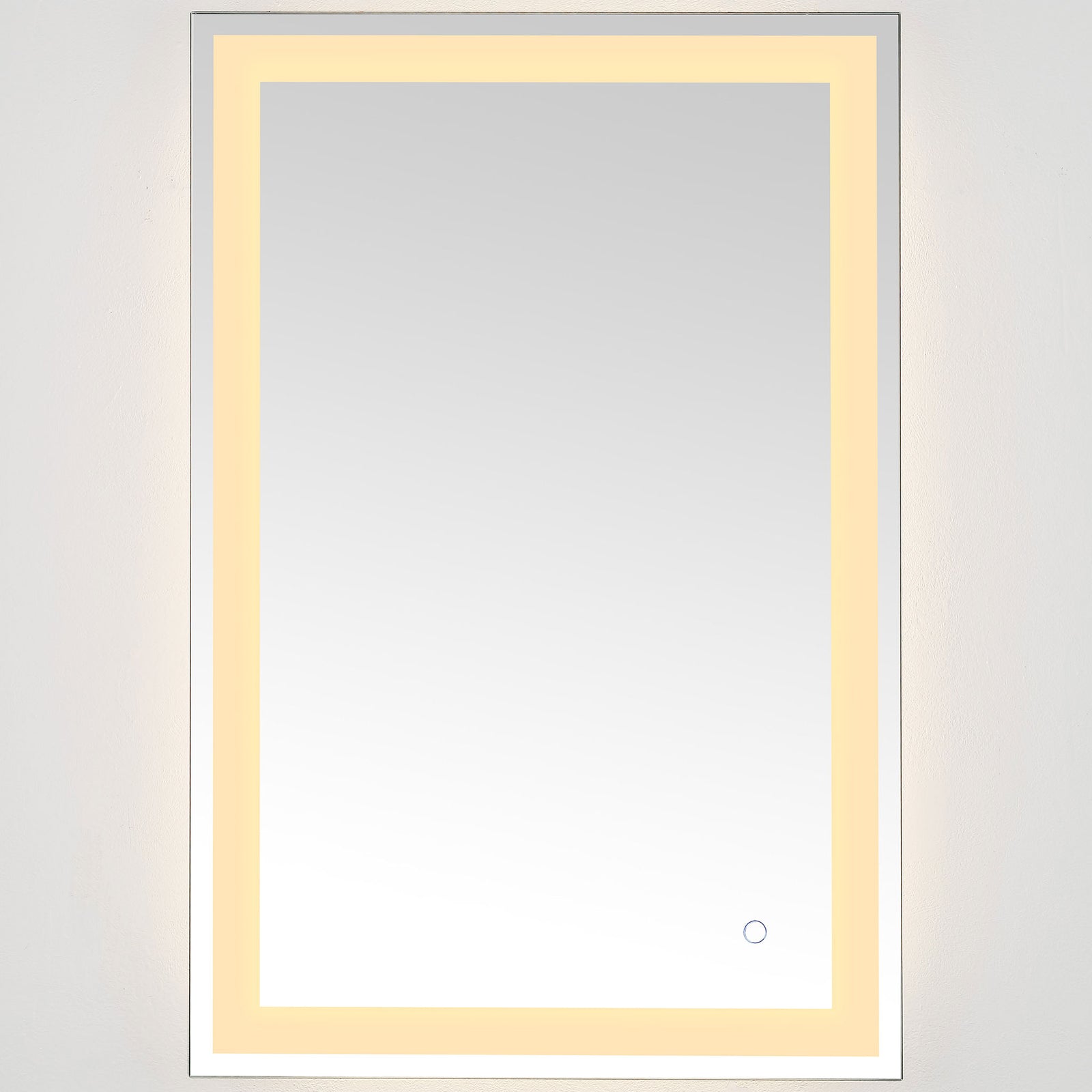 Warm golden LEDs trace the mirror's rectangular border for an inviting ambient glow || LMR1000A || front_on_studio