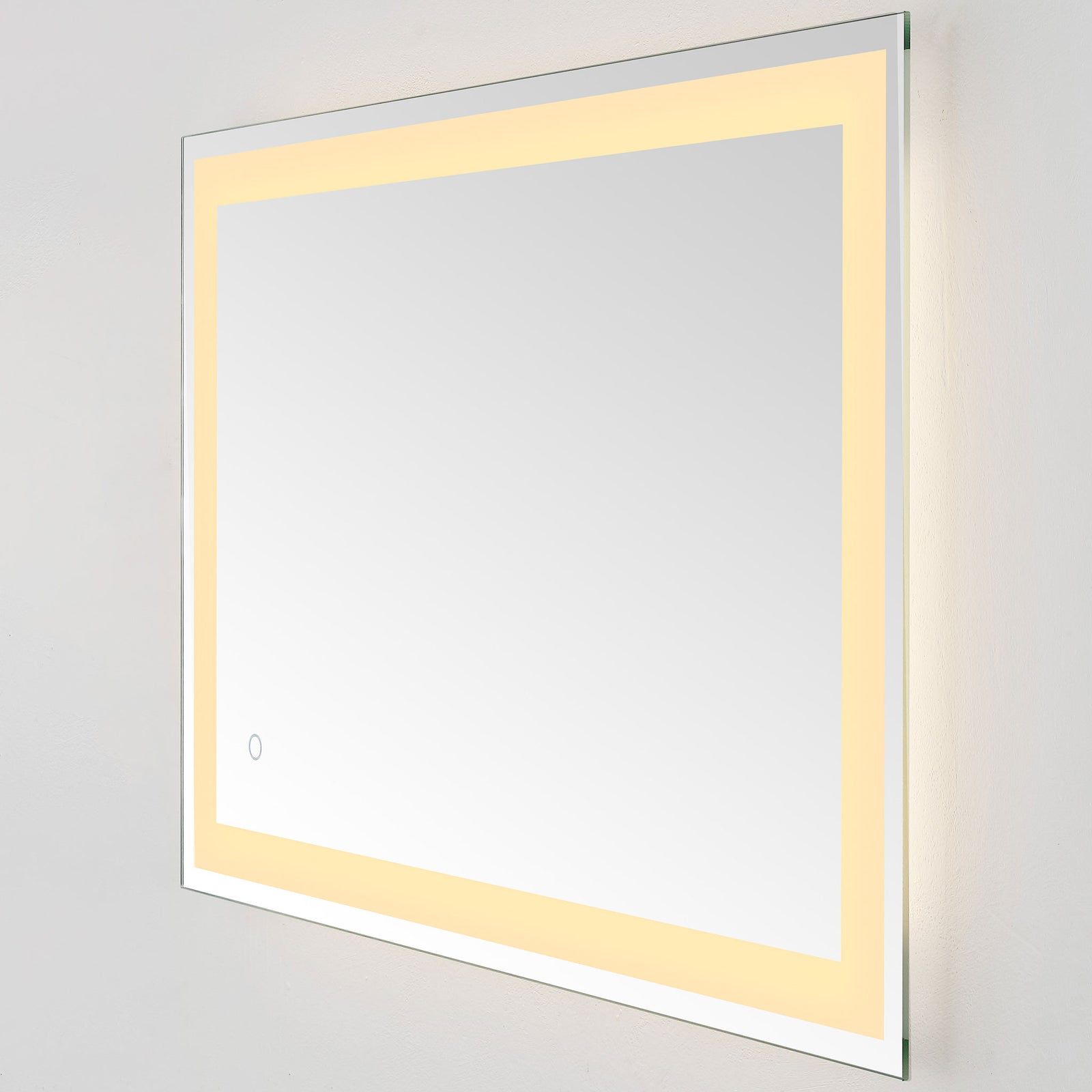 Warm amber lighting complements the mirror's streamlined silver edge and wide shape || LMR1000A || front_angle_on_studio