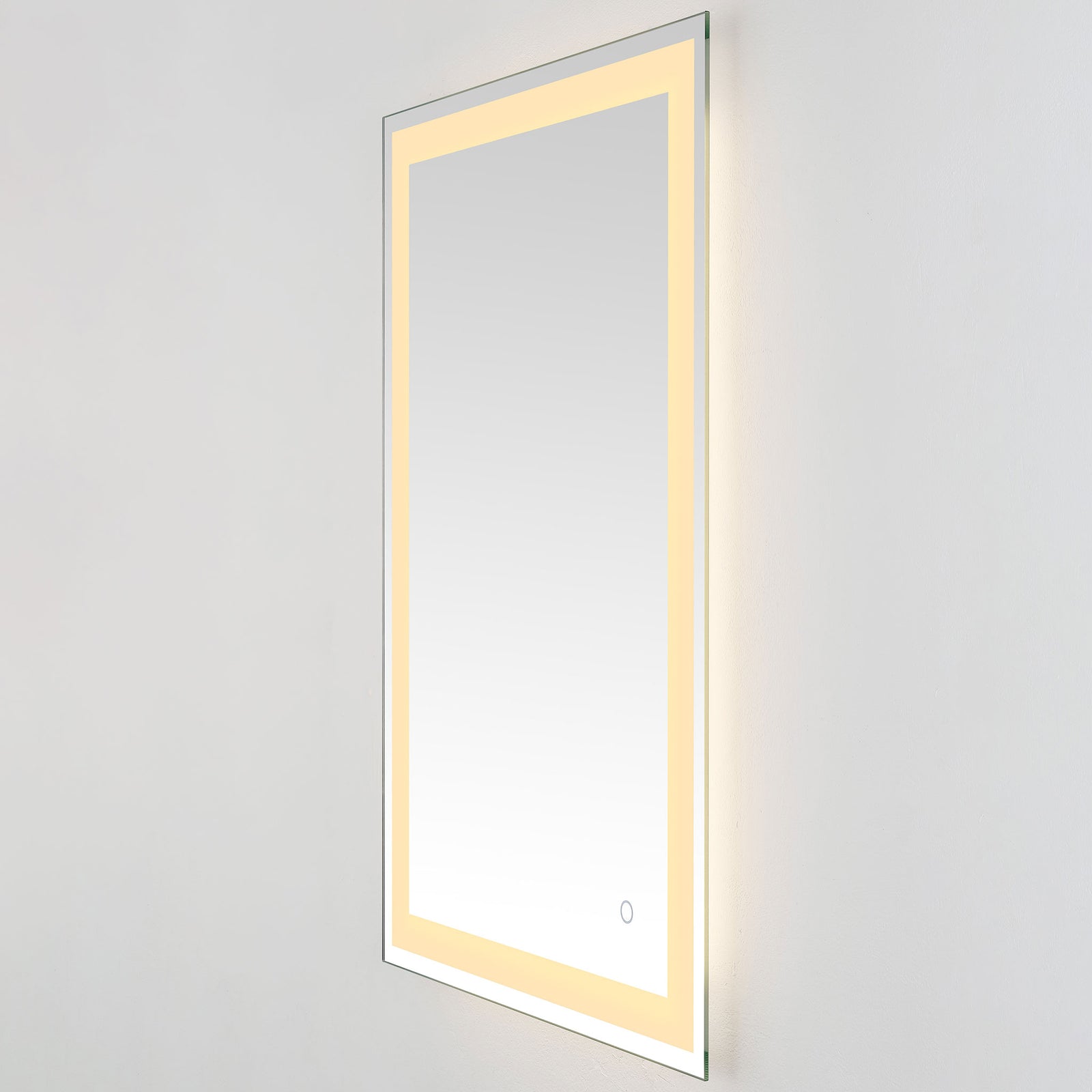 A golden LED border adds warm ambient light to the tall, silver-edged mirror || LMR1000A || front_angle_on_studio