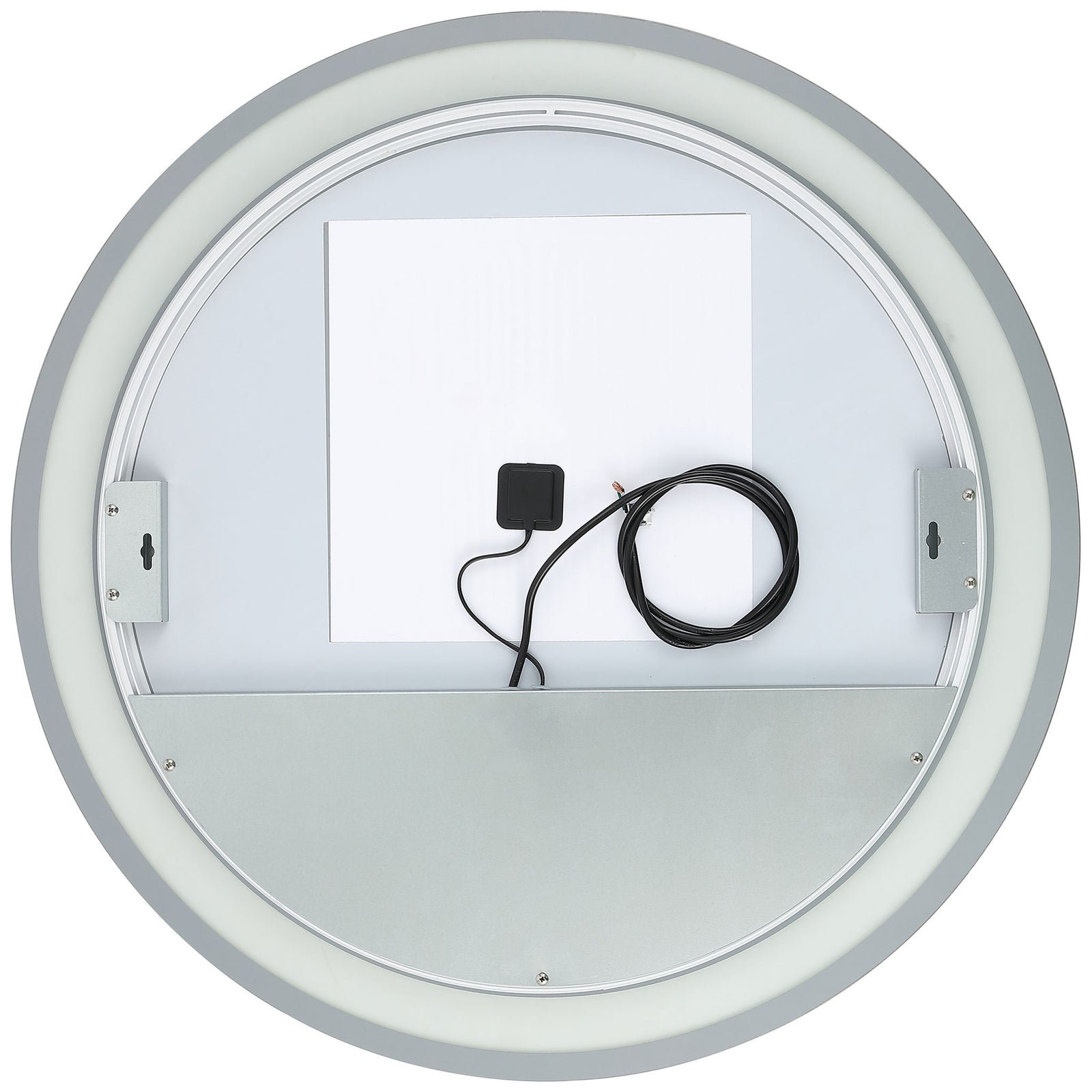 The round mirror has rear mounting brackets and a coiled power cord for its LED lighting || LMR1001A || back_studio