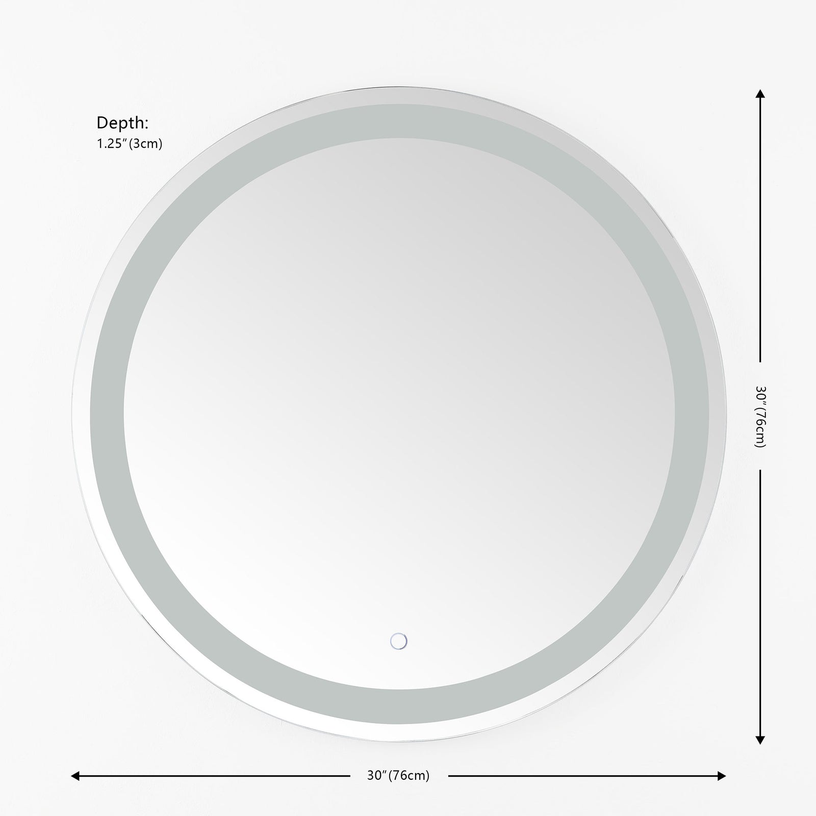 The round LED mirror measures 30 inches across and 1.25 inches deep || LMR1001A || dimension_studio