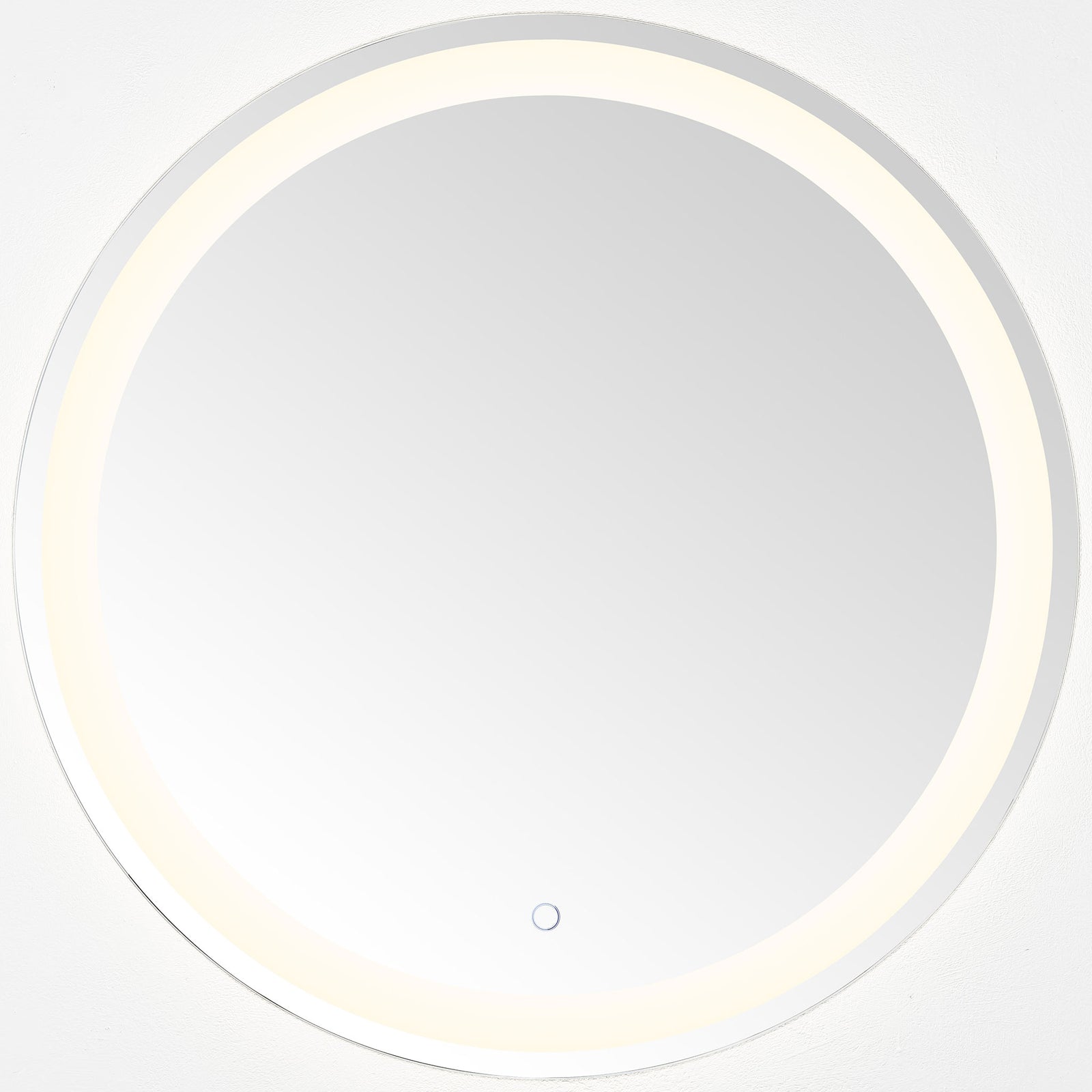 A soft white LED ring gives the round silver-edged mirror a gentle, even glow || LMR1001A || front_on_studio