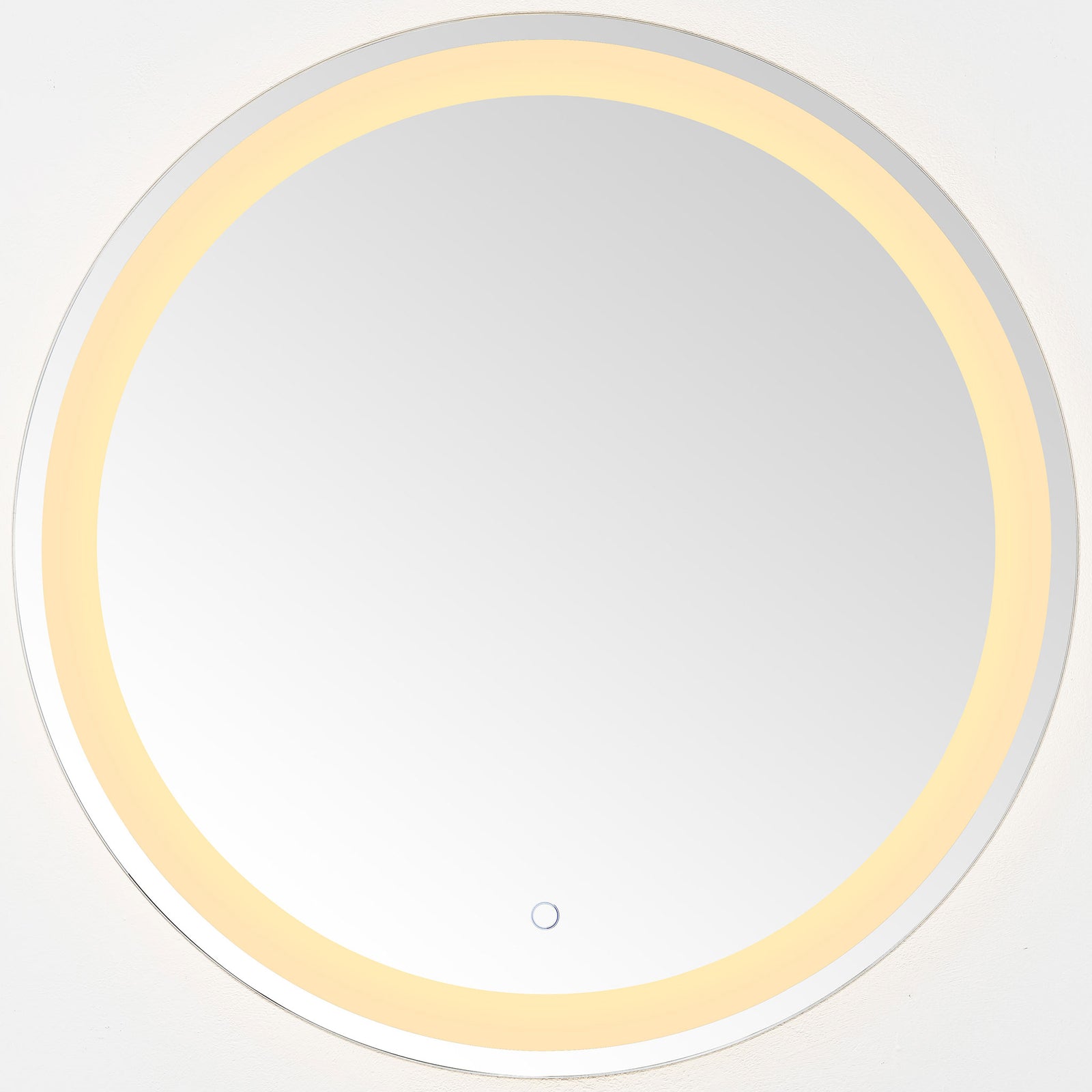 Warm golden LED light outlines the round mirror inside its slim silver rim || LMR1001A || front_on_studio