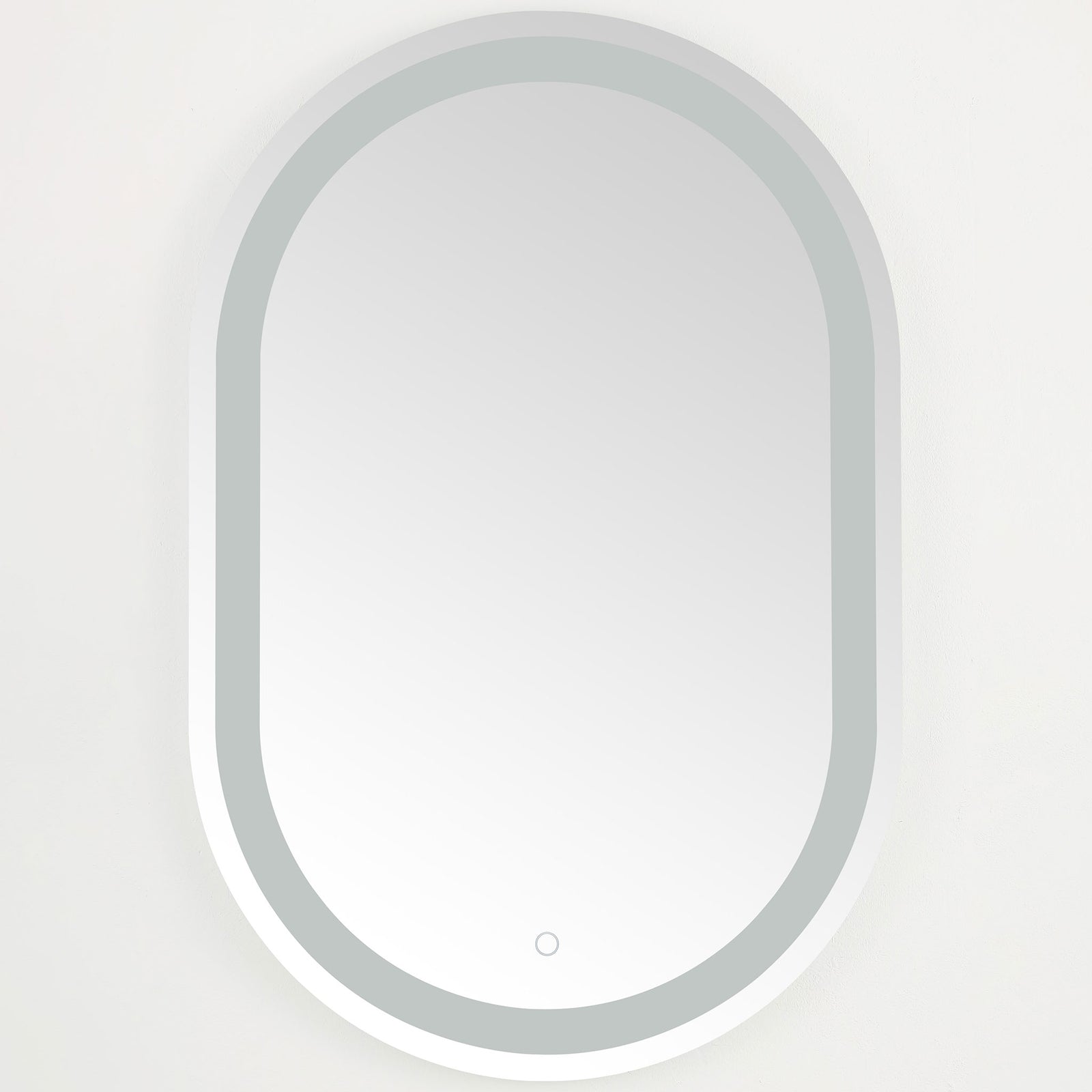 Elongated oval mirror with a slim silver frame, inset LED border, and discreet touch control || LMR1002A || front_studio