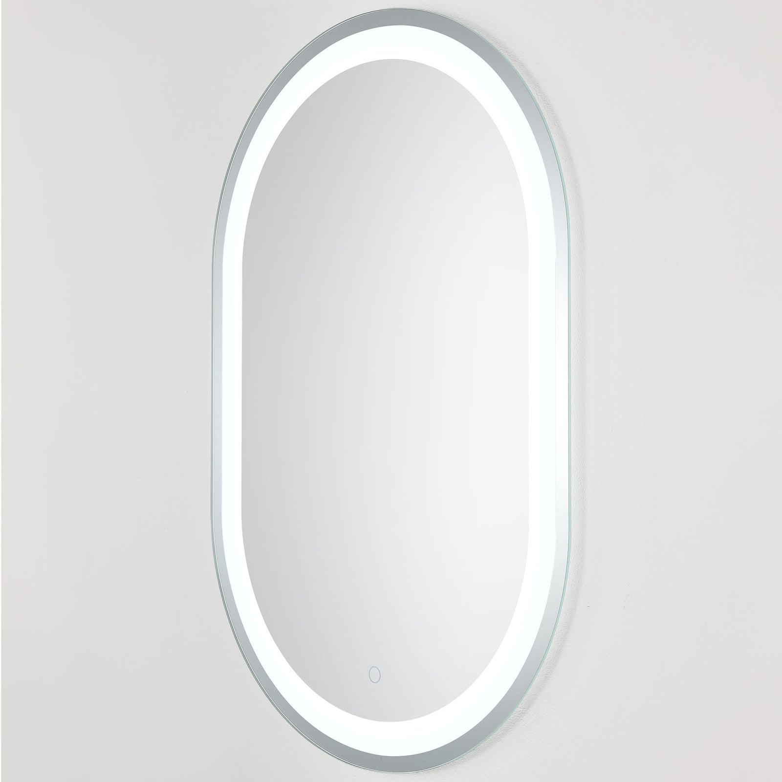 Brilliant white LED light follows the mirror's rounded shape within a slim silver frame || LMR1002A || front_angle_on_studio