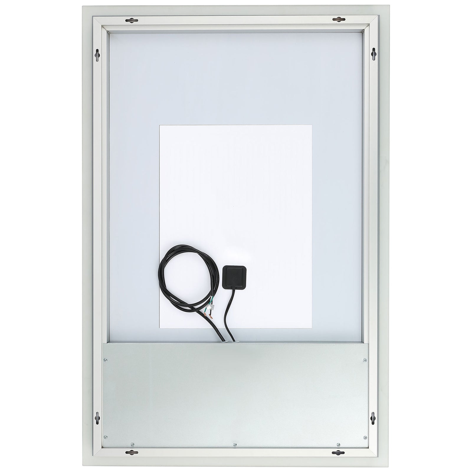 An aluminum-backed LED mirror has mounting slots and a visible power lead. || LMR1003A || back_studio