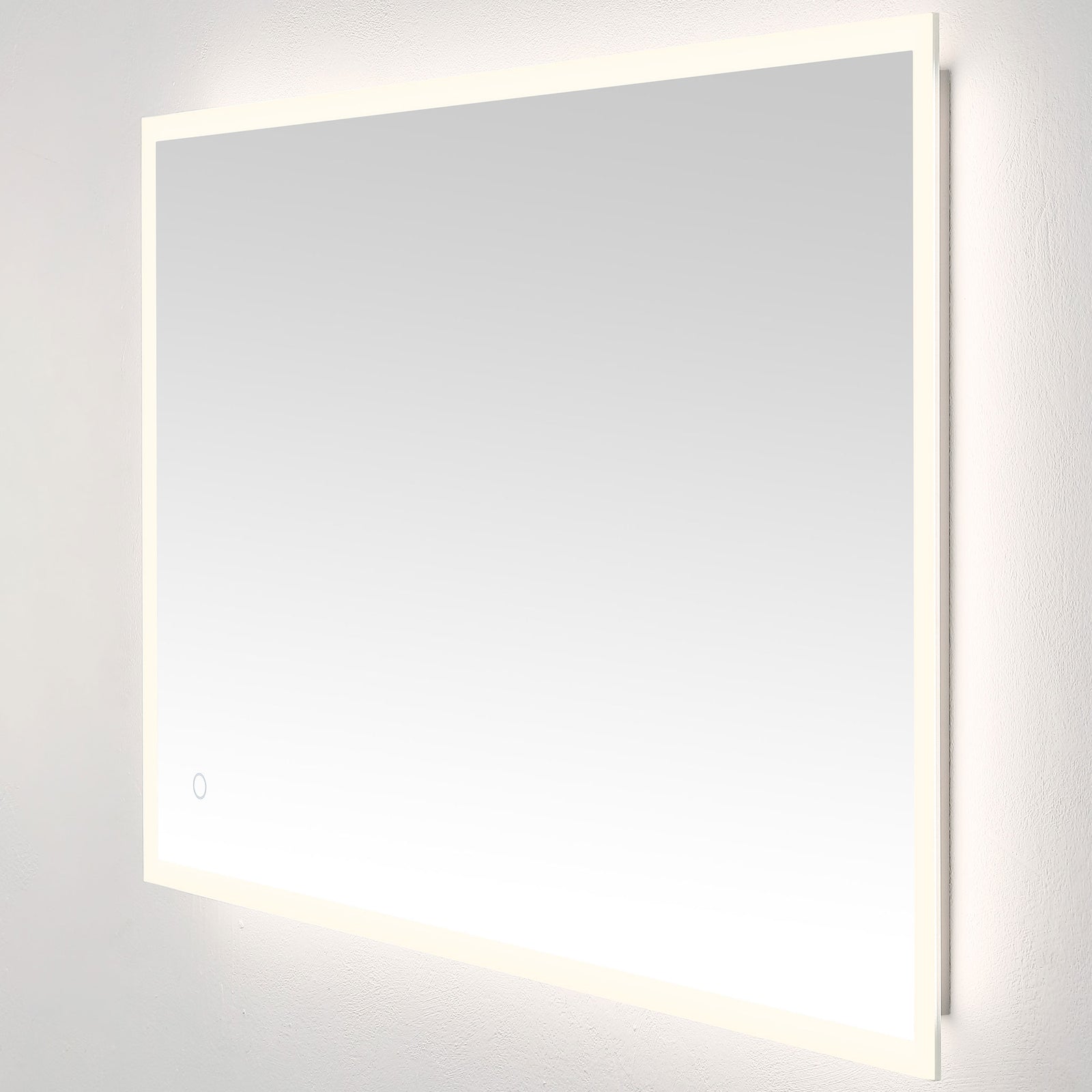 Soft white LEDs outline the horizontally mounted mirror and accent its narrow profile. || LMR1003A || front_angle_on_studio