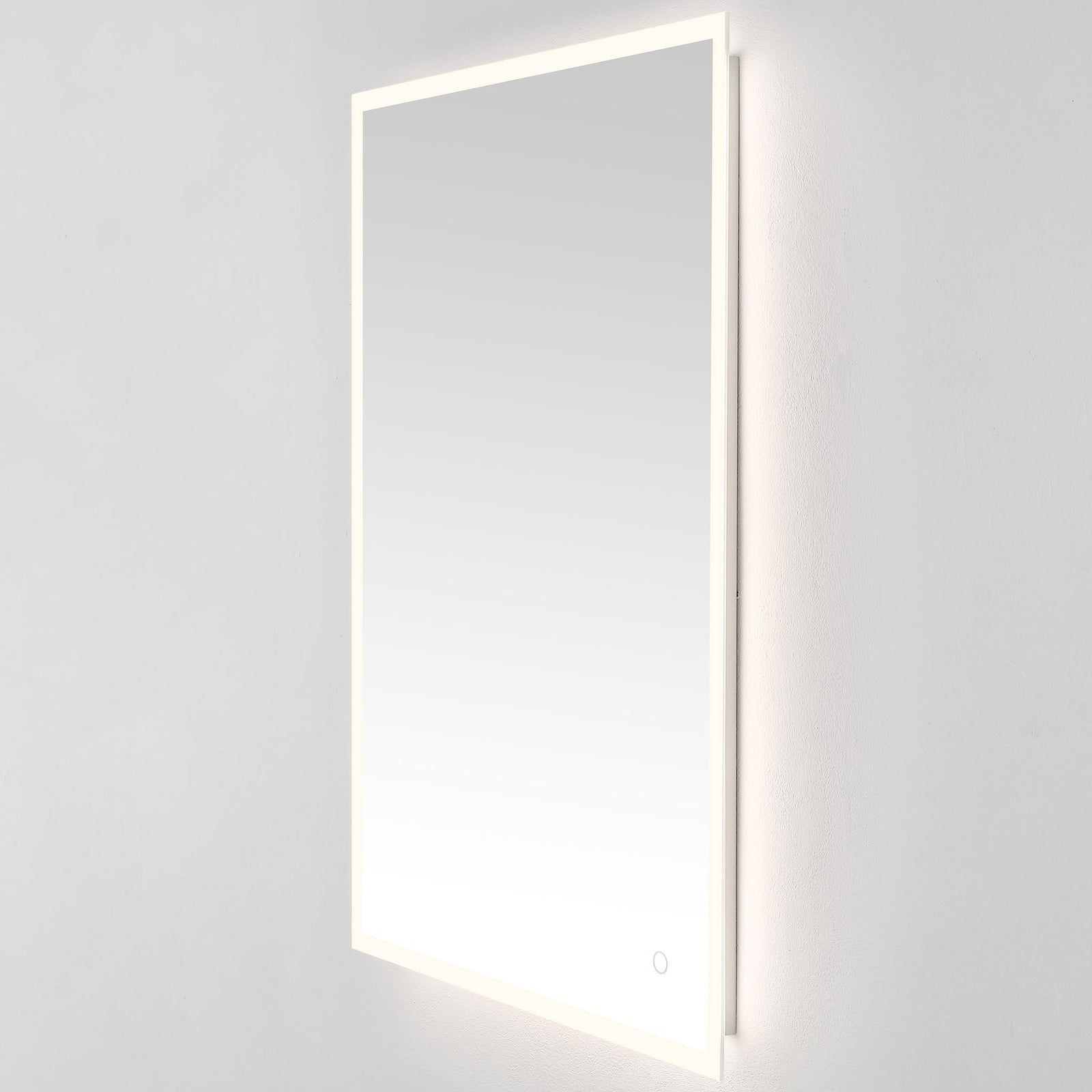 A soft white halo surrounds the upright mirror, complemented by its slender metal frame. || LMR1003A || front_angle_on_studio