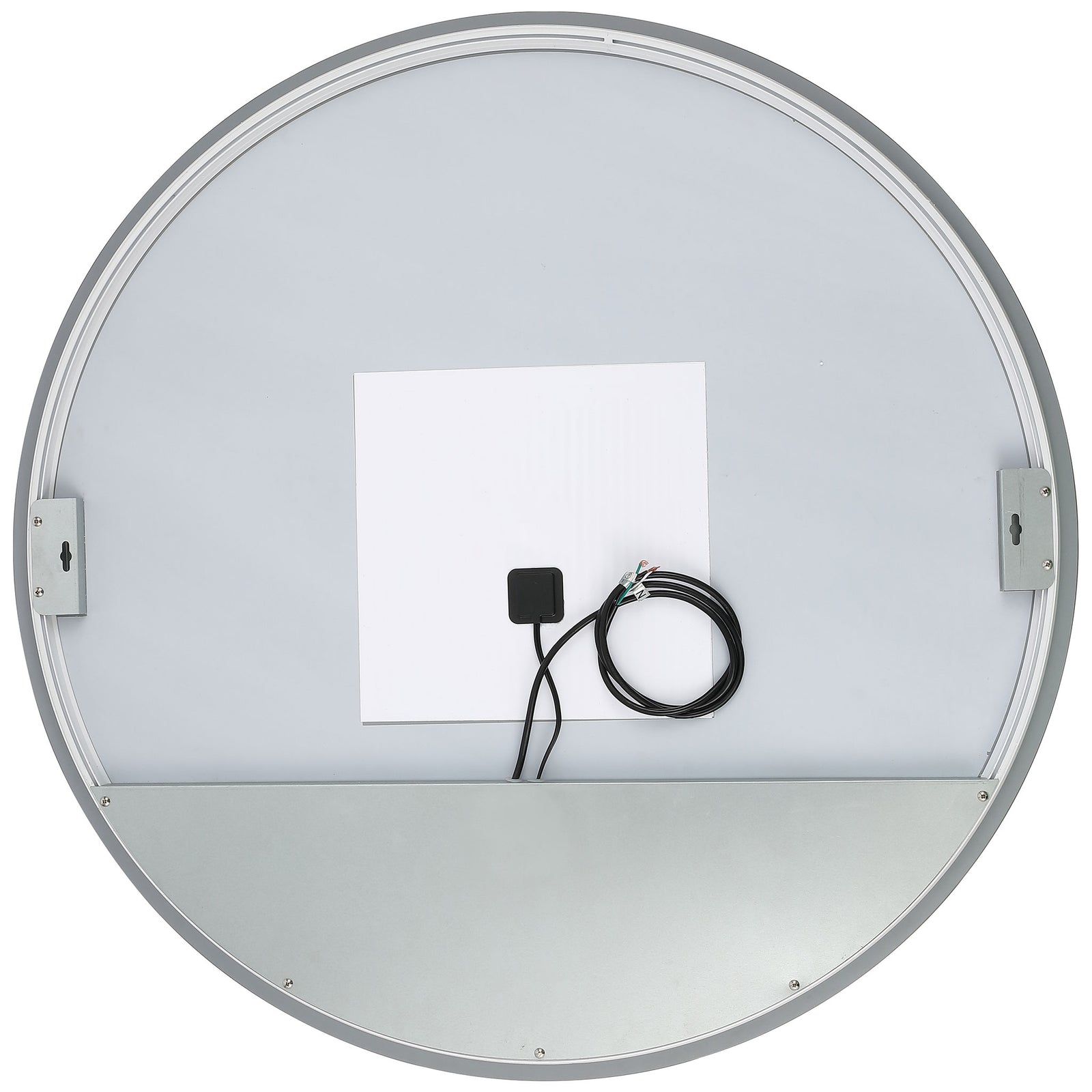 A round LED mirror features a silver back panel, mounting brackets, and integrated wiring. || LMR1004A || back_studio