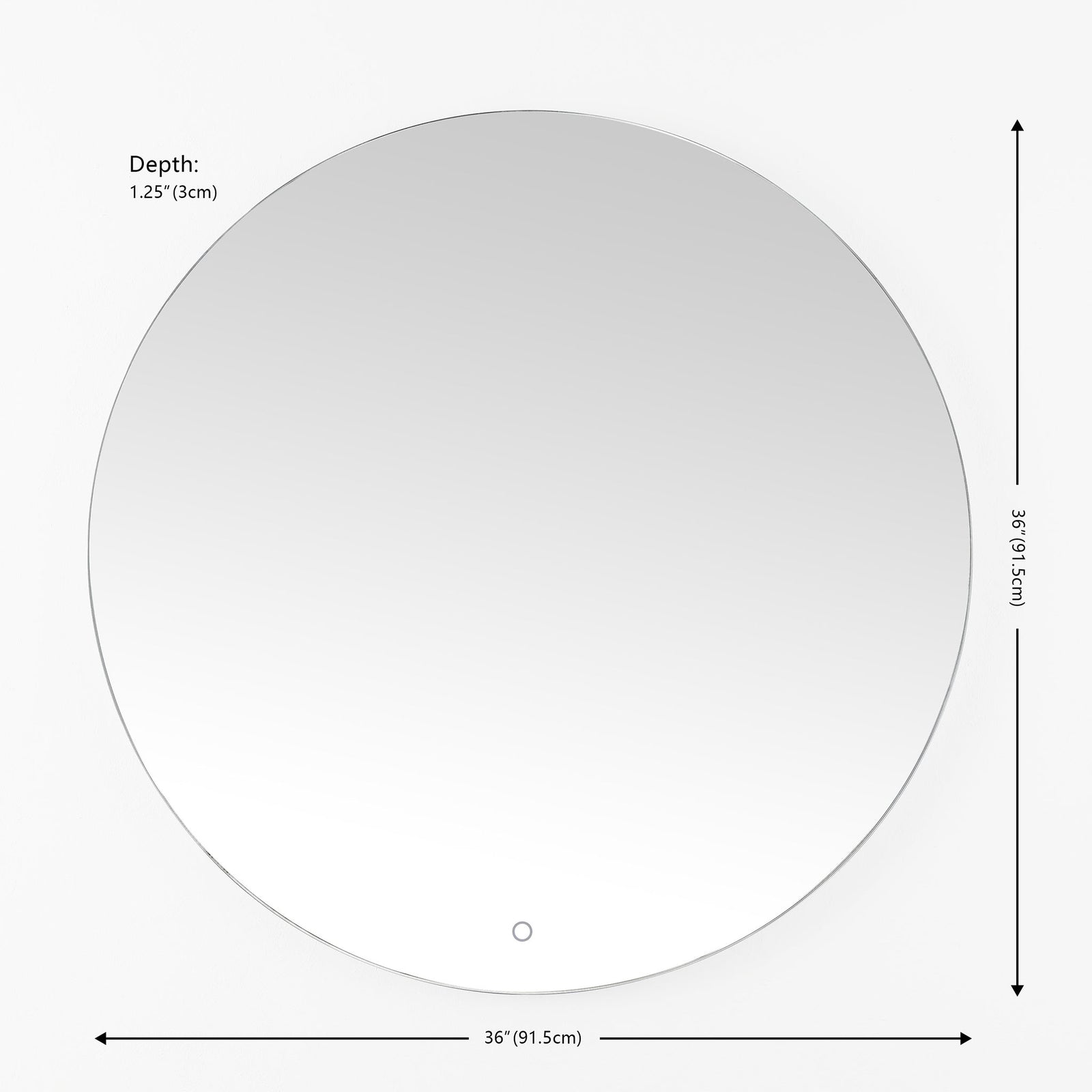 A 36-inch round mirror has a slim 1.25-inch depth and a subtle touch control. || LMR1004A || dimension_studio