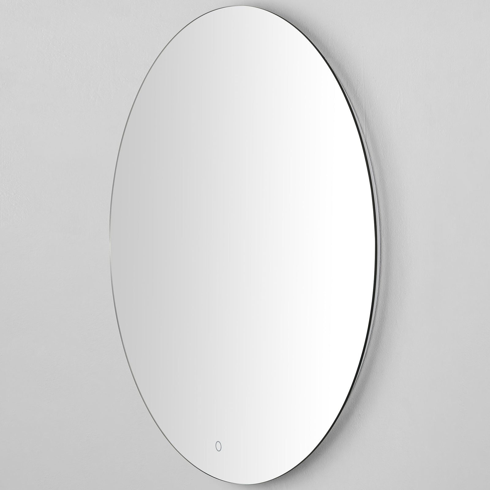 A slim round mirror combines a silver edge with a low-profile wall-mounted design. || LMR1004A || side_studio