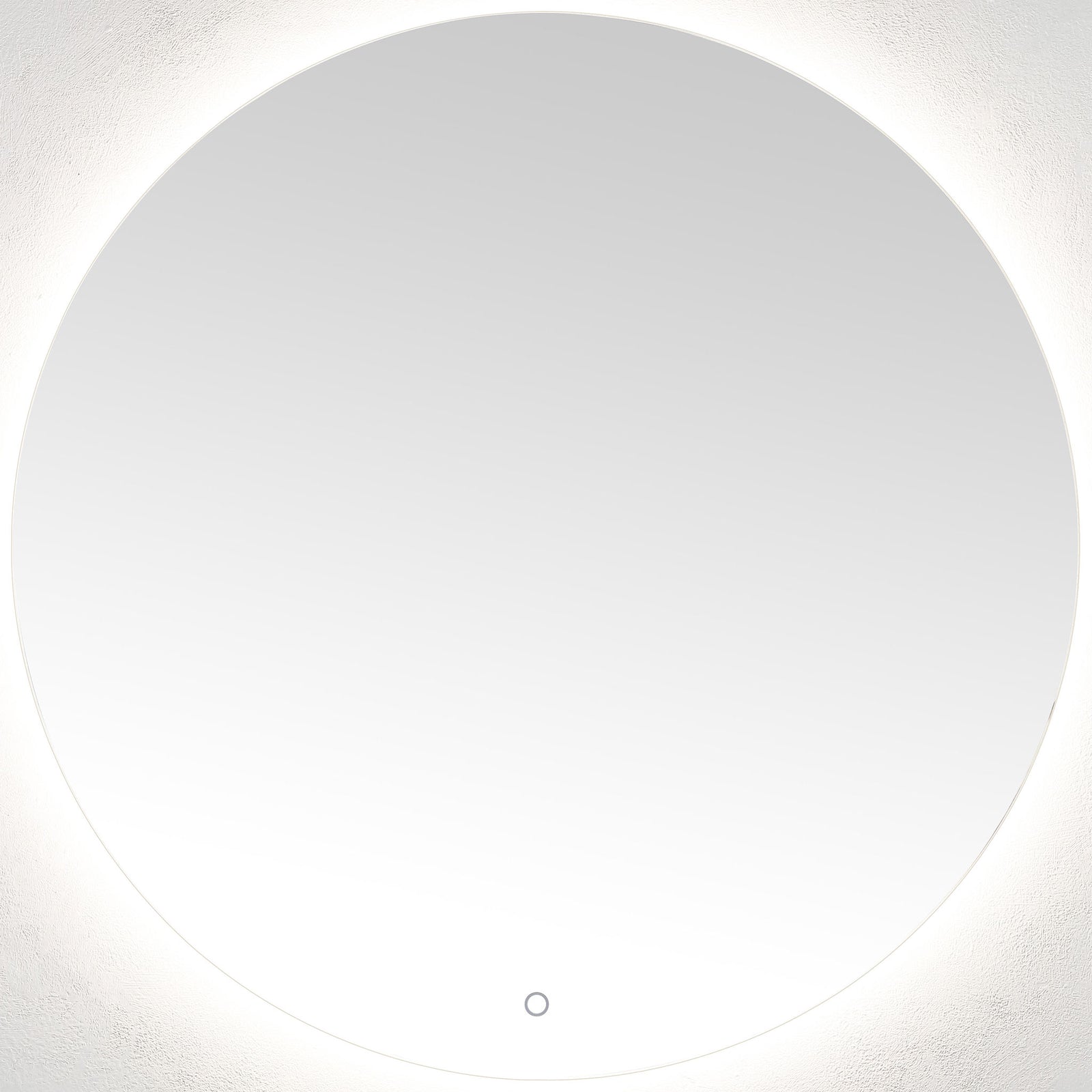 A silver-edged circular mirror radiates an even white glow from its LED backlight. || LMR1004A || front_on_studio