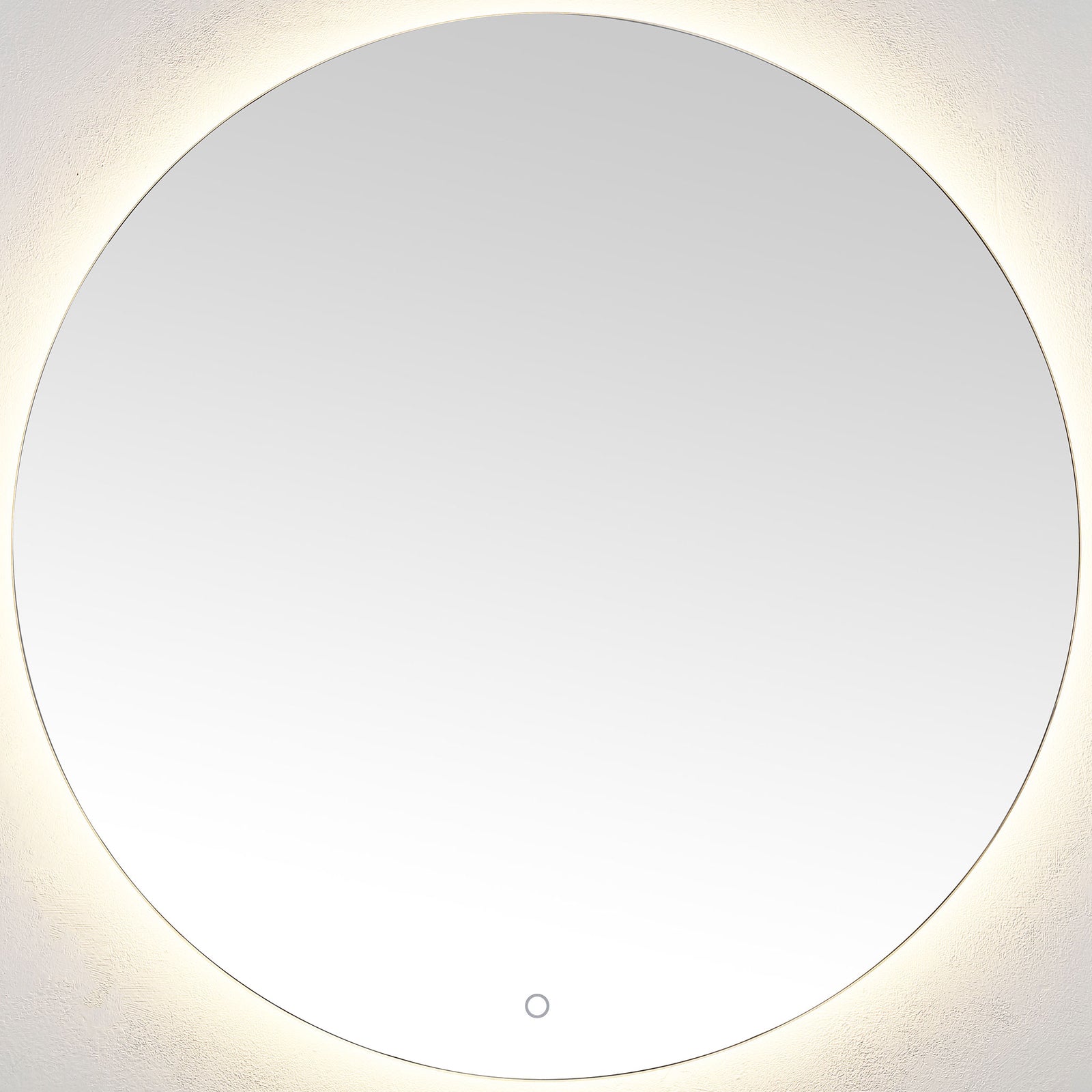 A touch-control round mirror pairs a clean reflective face with warm LED backlighting. || LMR1004A || front_on_studio
